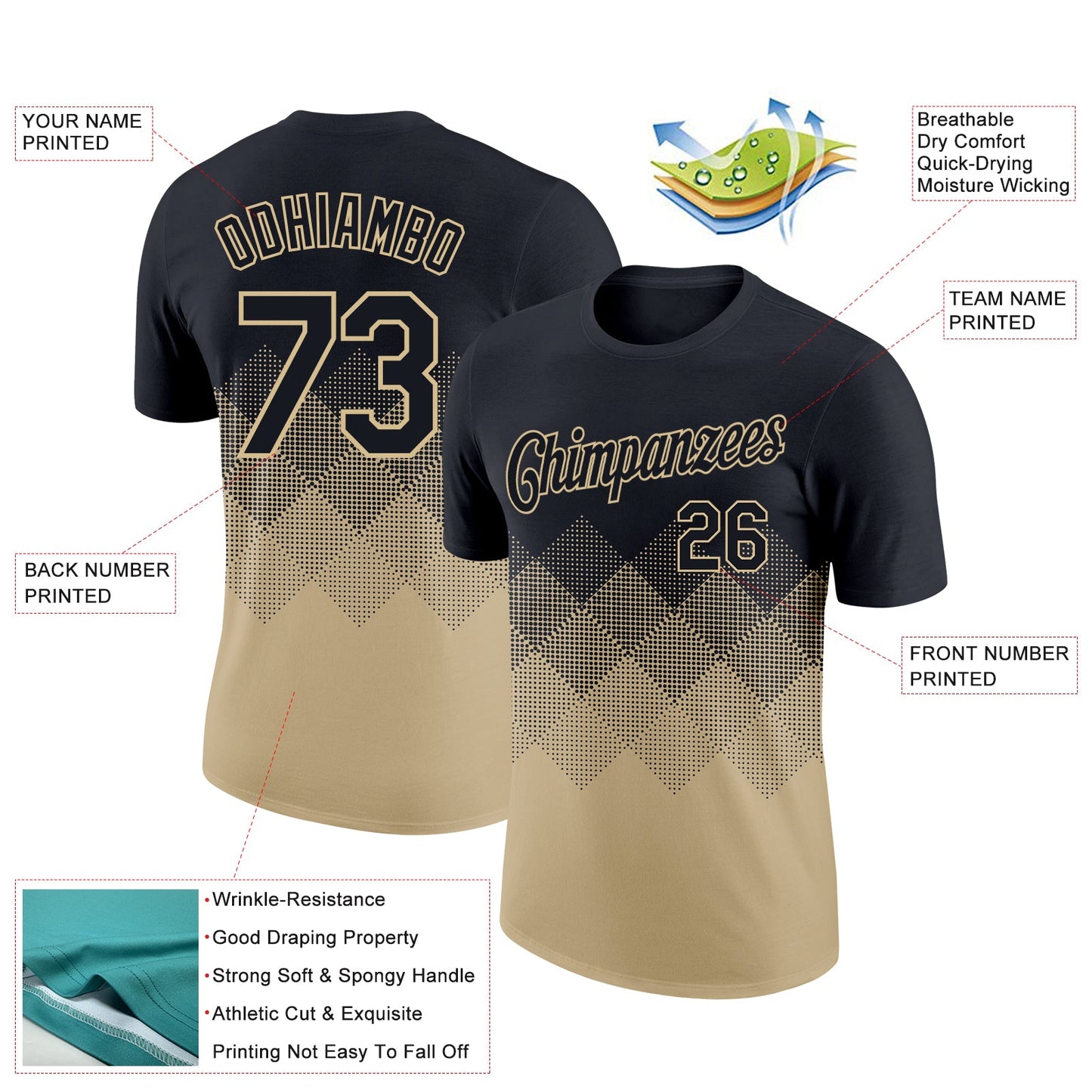 Custom Black Vegas Gold 3D Pattern Design Gradient Square Shapes Performance T-Shirt view 2