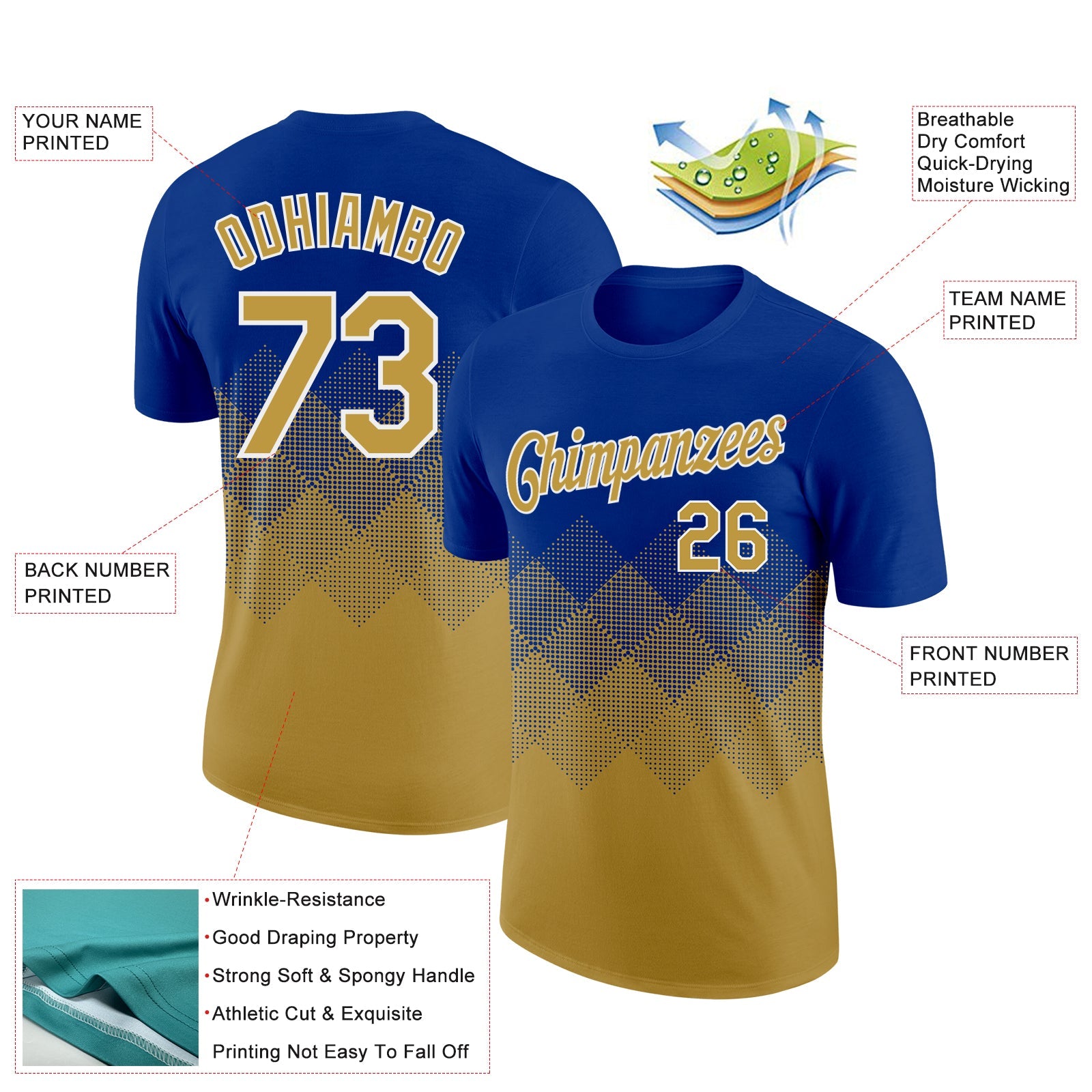 Custom Royal Old Gold-White 3D Pattern Design Gradient Square Shapes Performance T-Shirt view 2