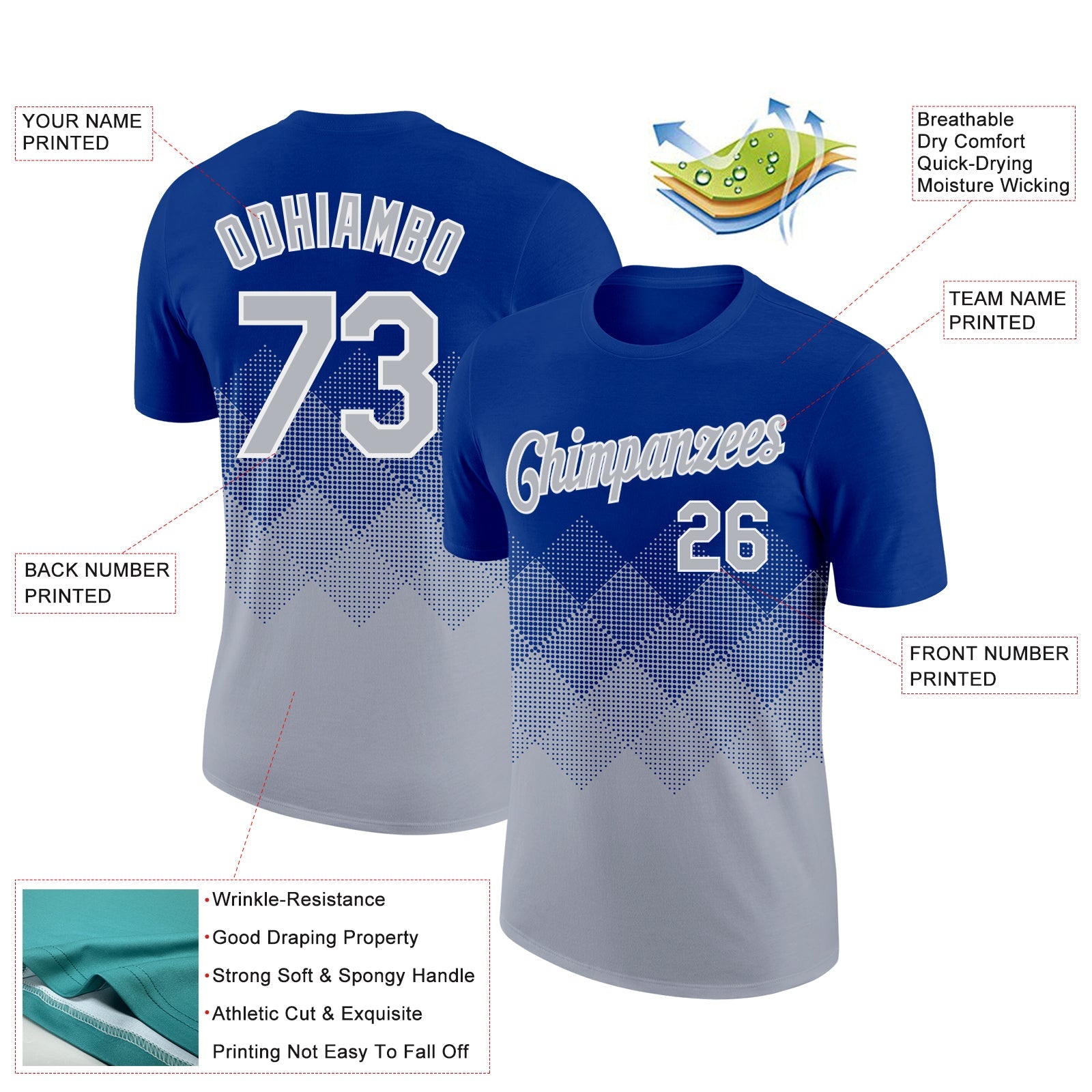Custom Royal Gray-White 3D Pattern Design Gradient Square Shapes Performance T-Shirt view 2