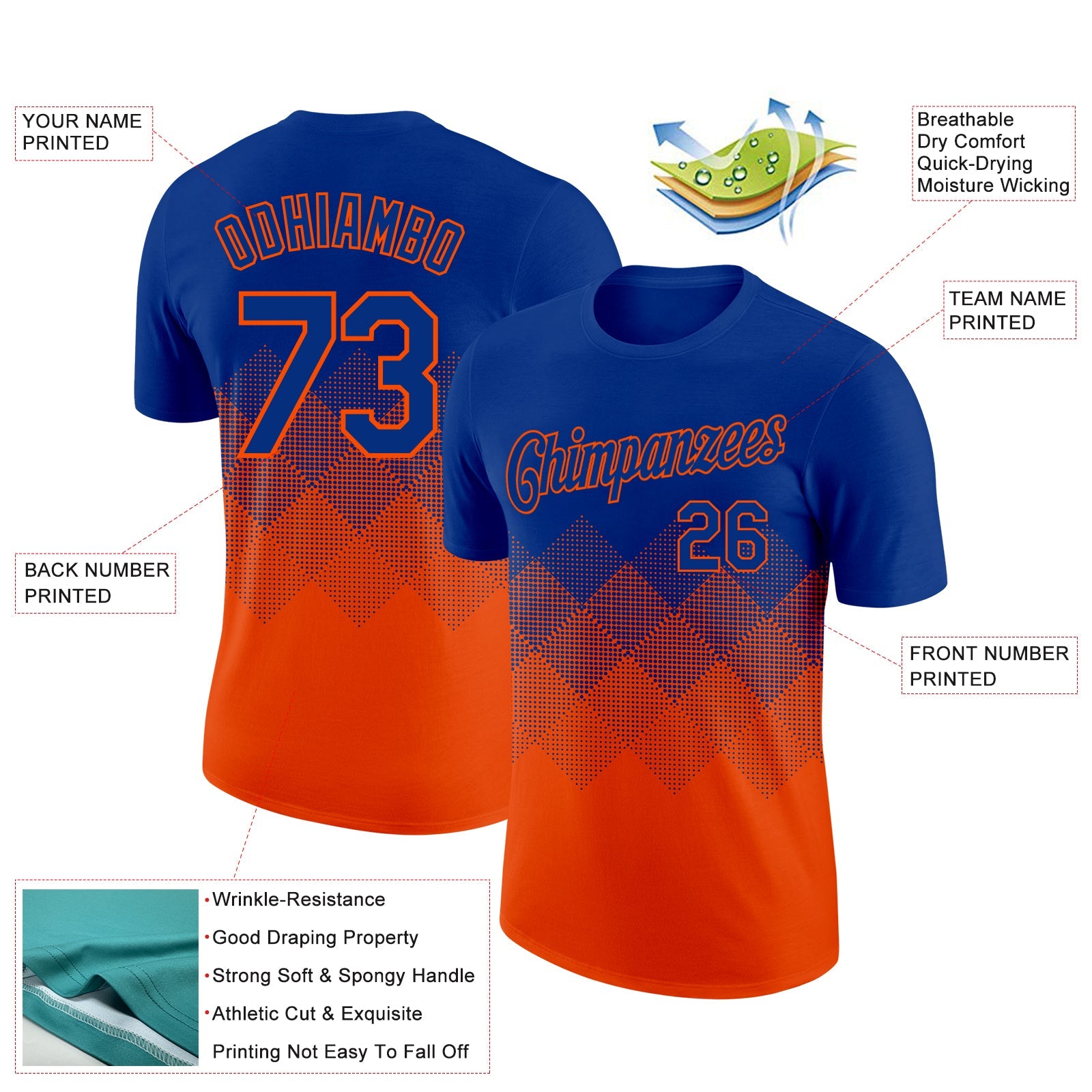 Custom Royal Orange 3D Pattern Design Gradient Square Shapes Performance T-Shirt view 2