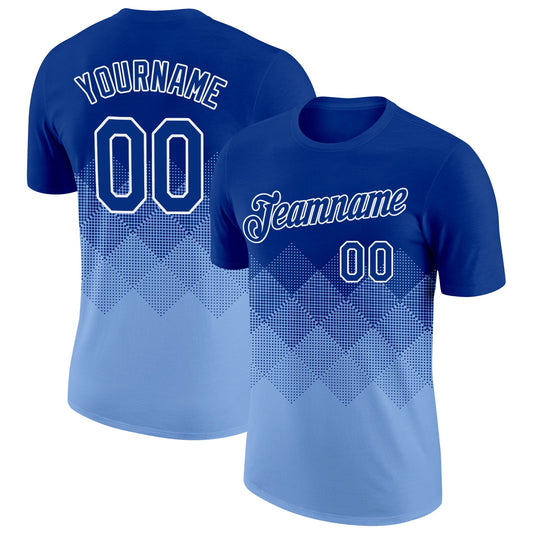Custom Royal Light Blue-White 3D Pattern Design Gradient Square Shapes Performance T-Shirt - Main View