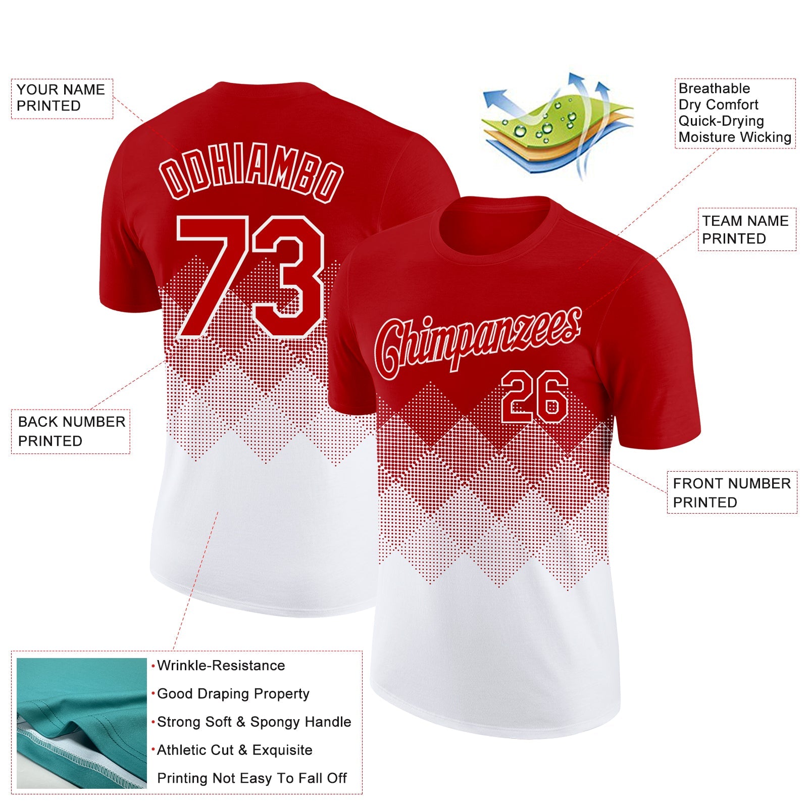 Custom Red White 3D Pattern Design Gradient Square Shapes Performance T-Shirt view 2