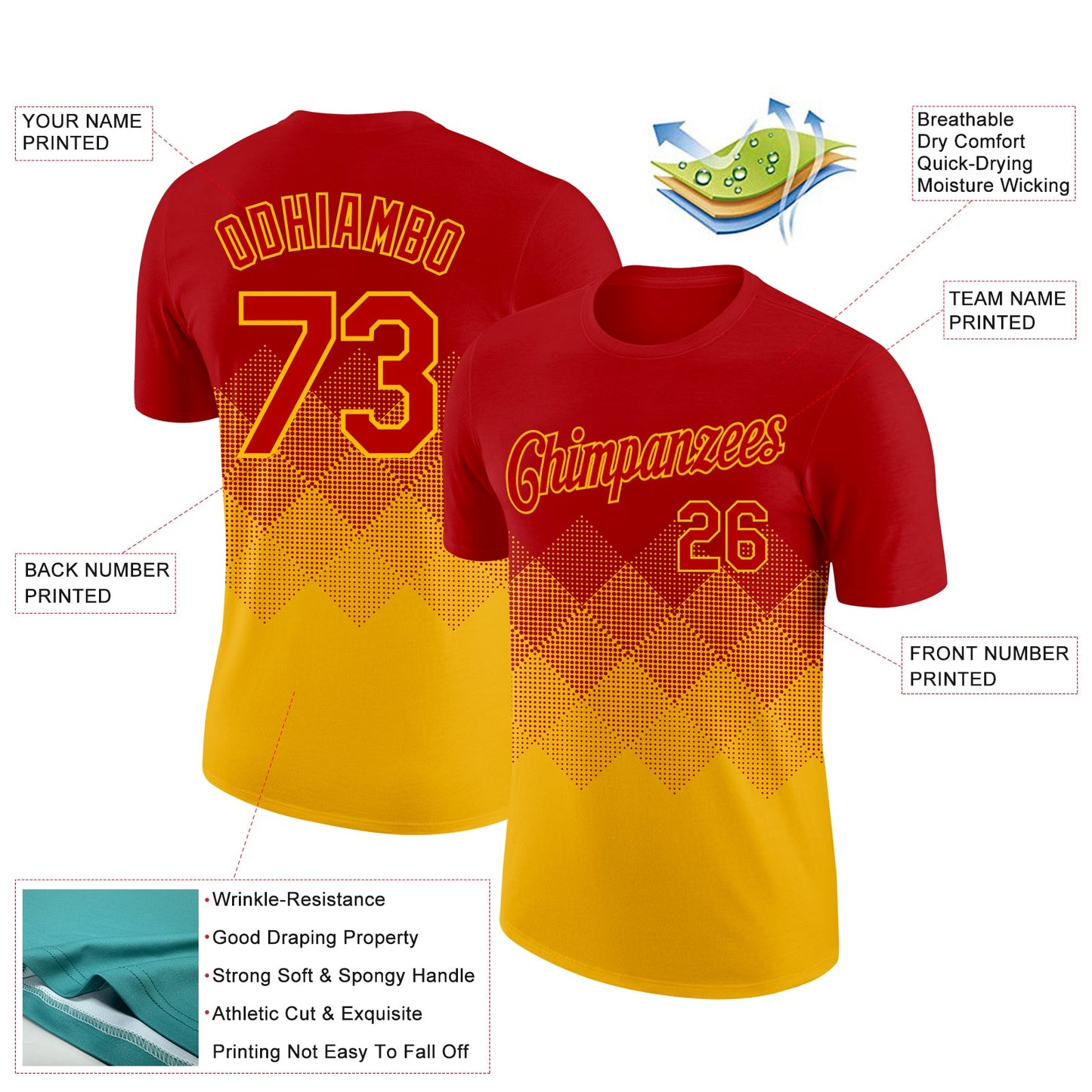 Custom Red Gold 3D Pattern Design Gradient Square Shapes Performance T-Shirt view 2