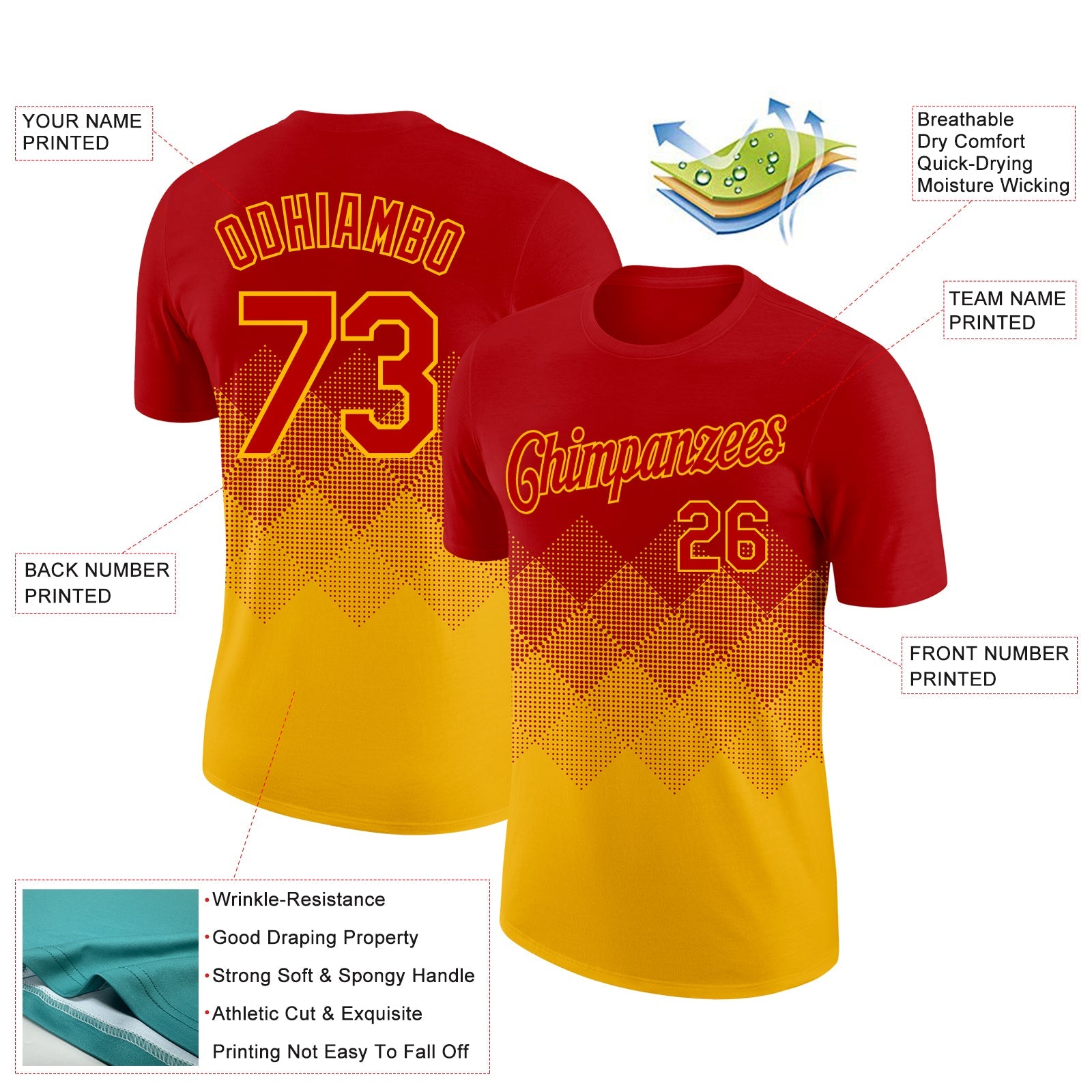 Custom Red Gold 3D Pattern Design Gradient Square Shapes Performance T-Shirt view 2