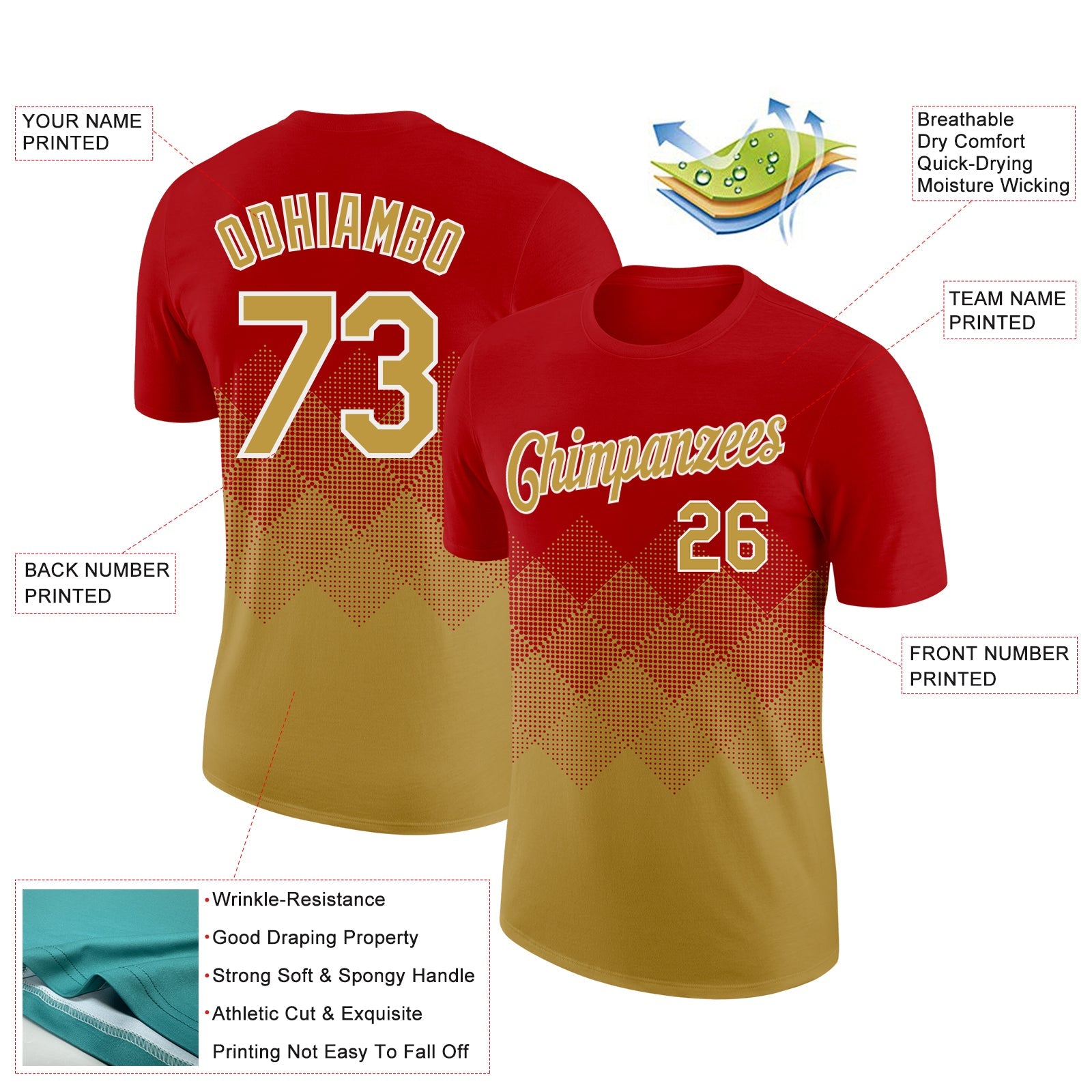 Custom Red Old Gold-White 3D Pattern Design Gradient Square Shapes Performance T-Shirt view 2
