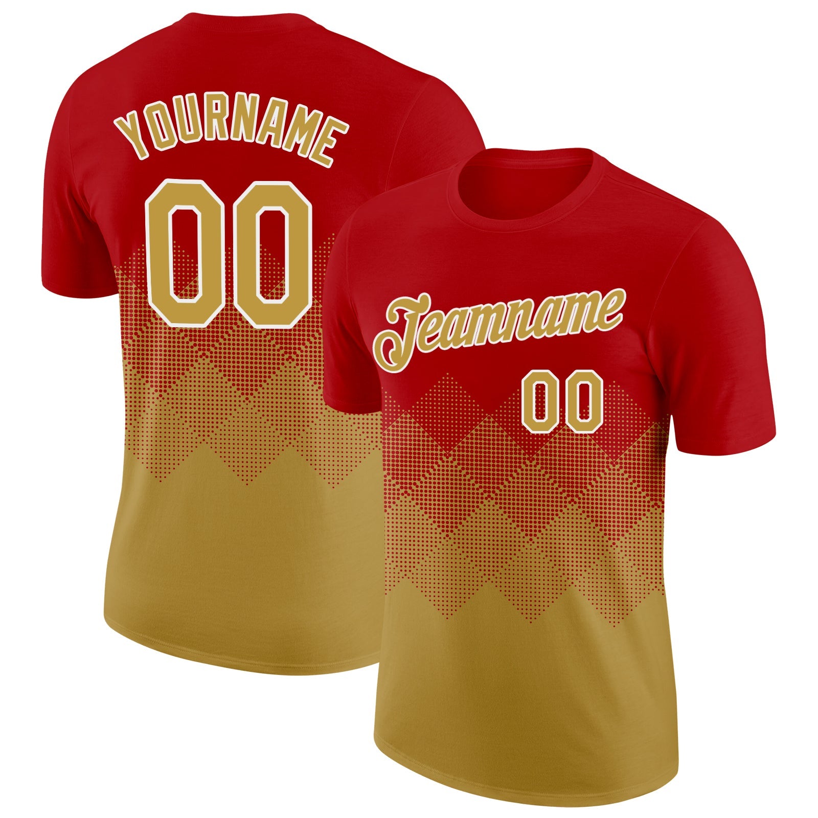 Custom Red Old Gold-White 3D Pattern Design Gradient Square Shapes Performance T-Shirt - Main View