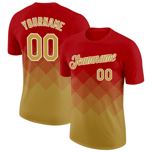 Custom Red Old Gold-White 3D Pattern Design Gradient Square Shapes Performance T-Shirt - Main View