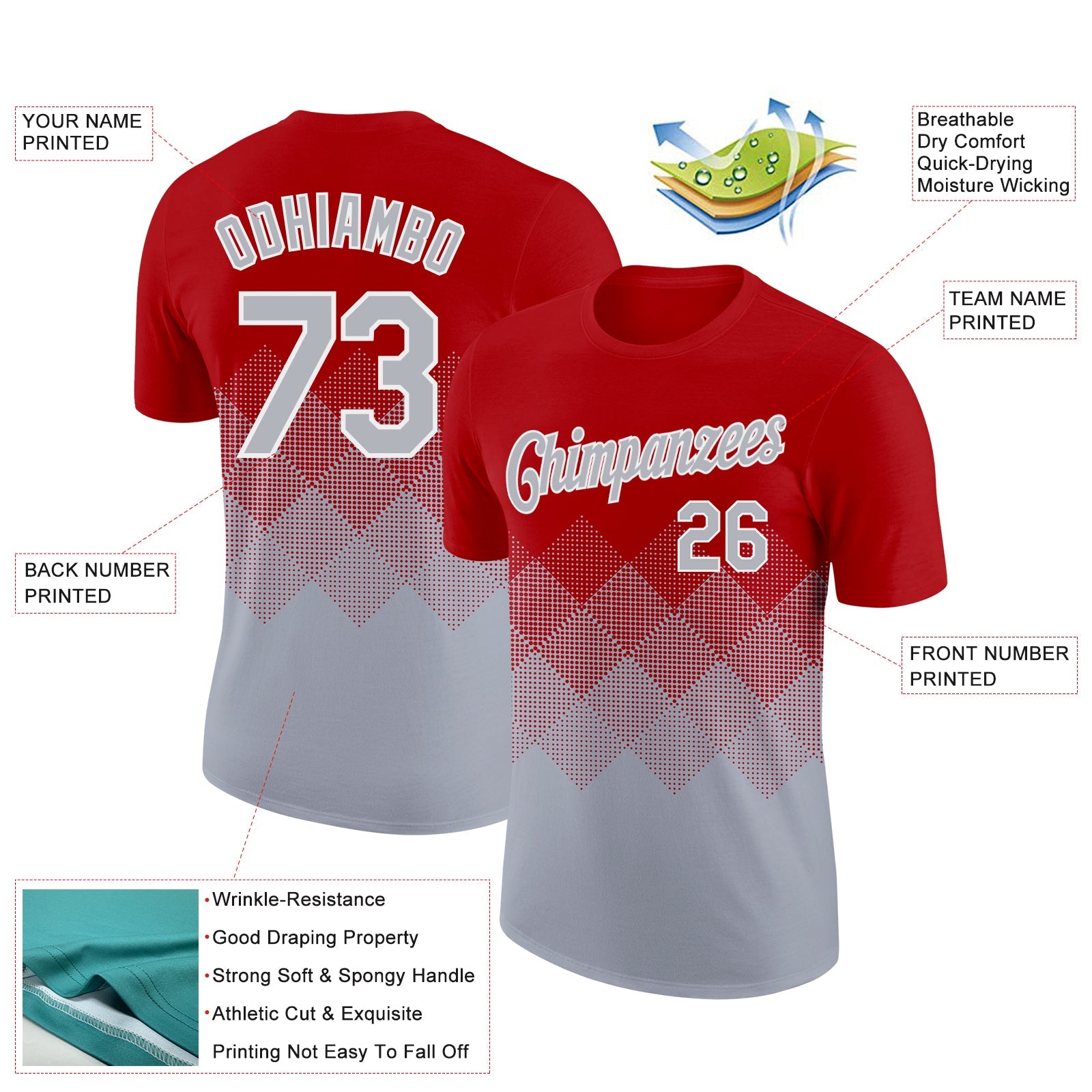 Custom Red Gray-White 3D Pattern Design Gradient Square Shapes Performance T-Shirt view 2