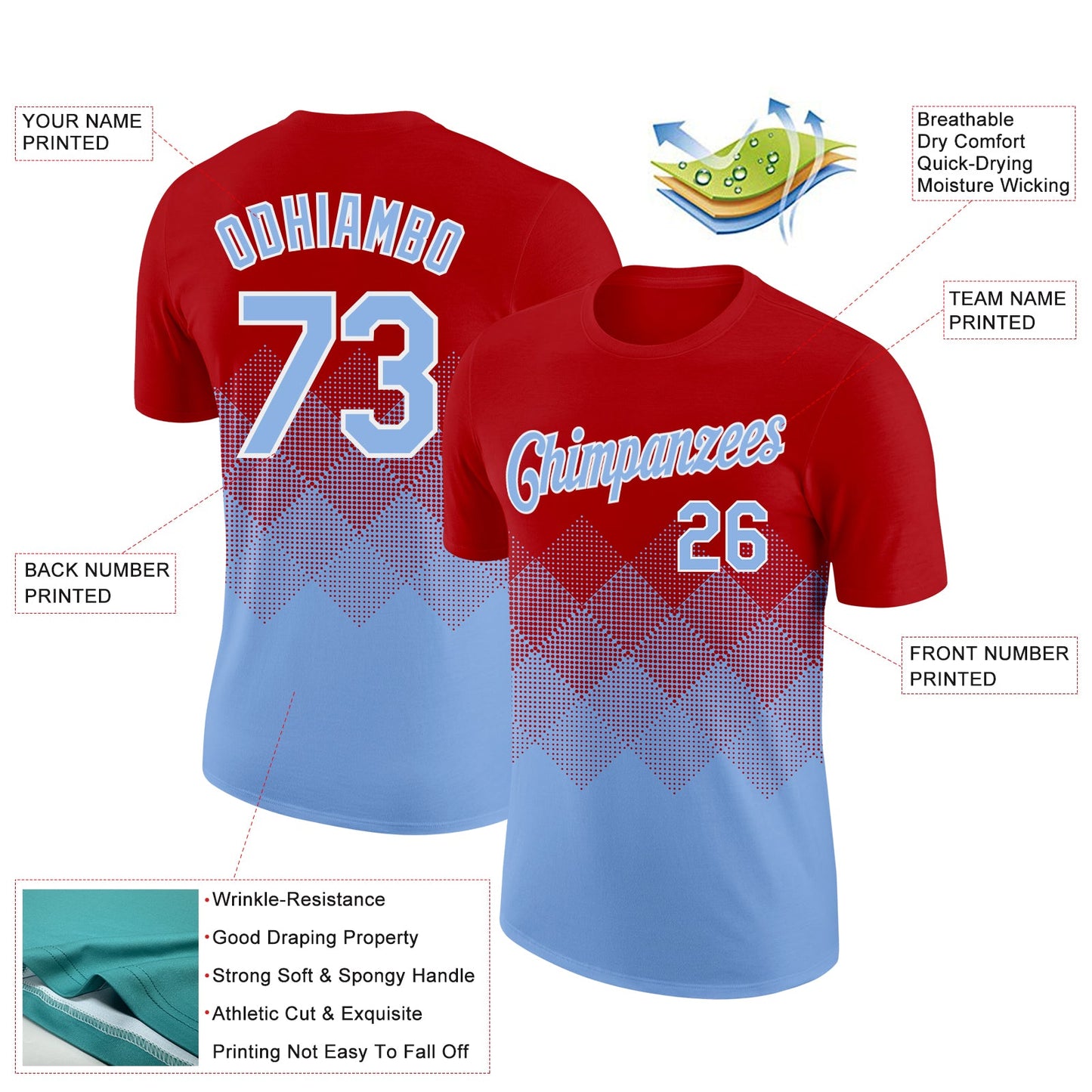 Custom Red Light Blue-White 3D Pattern Design Gradient Square Shapes Performance T-Shirt view 2