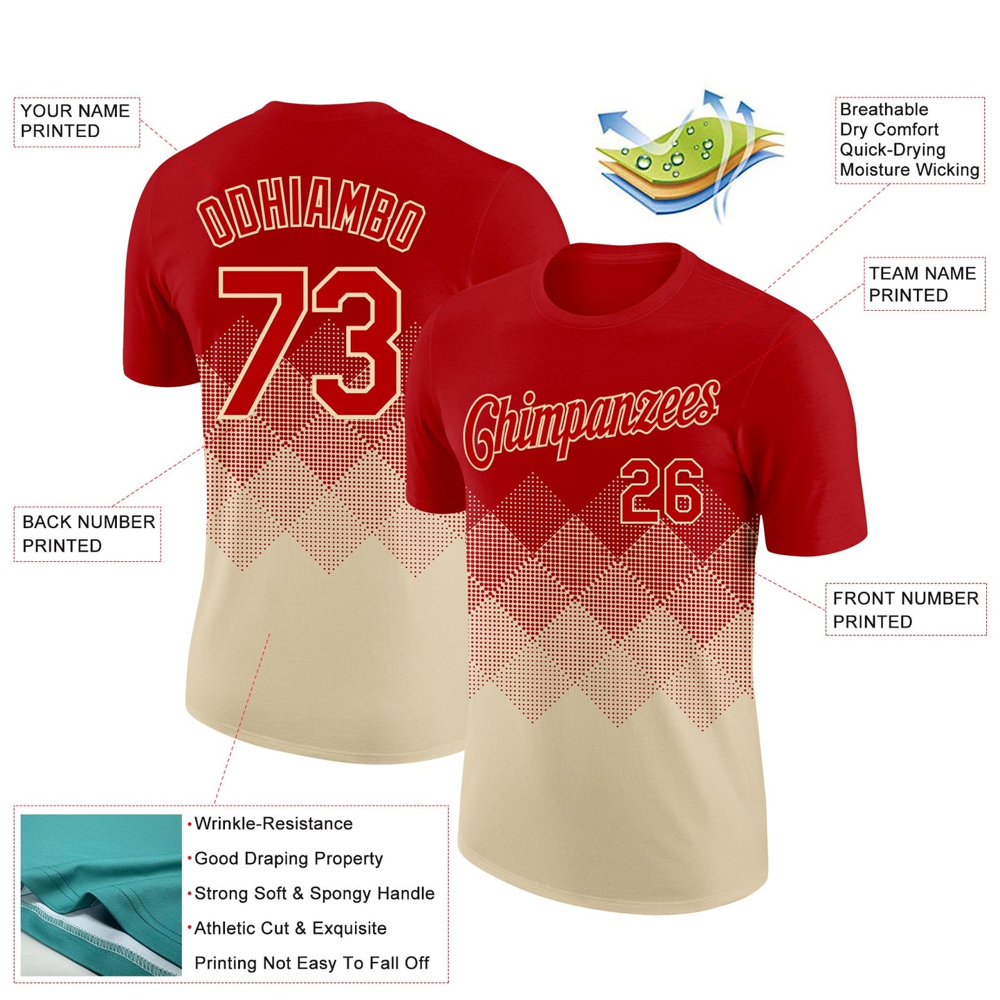 Custom Red Cream 3D Pattern Design Gradient Square Shapes Performance T-Shirt view 2