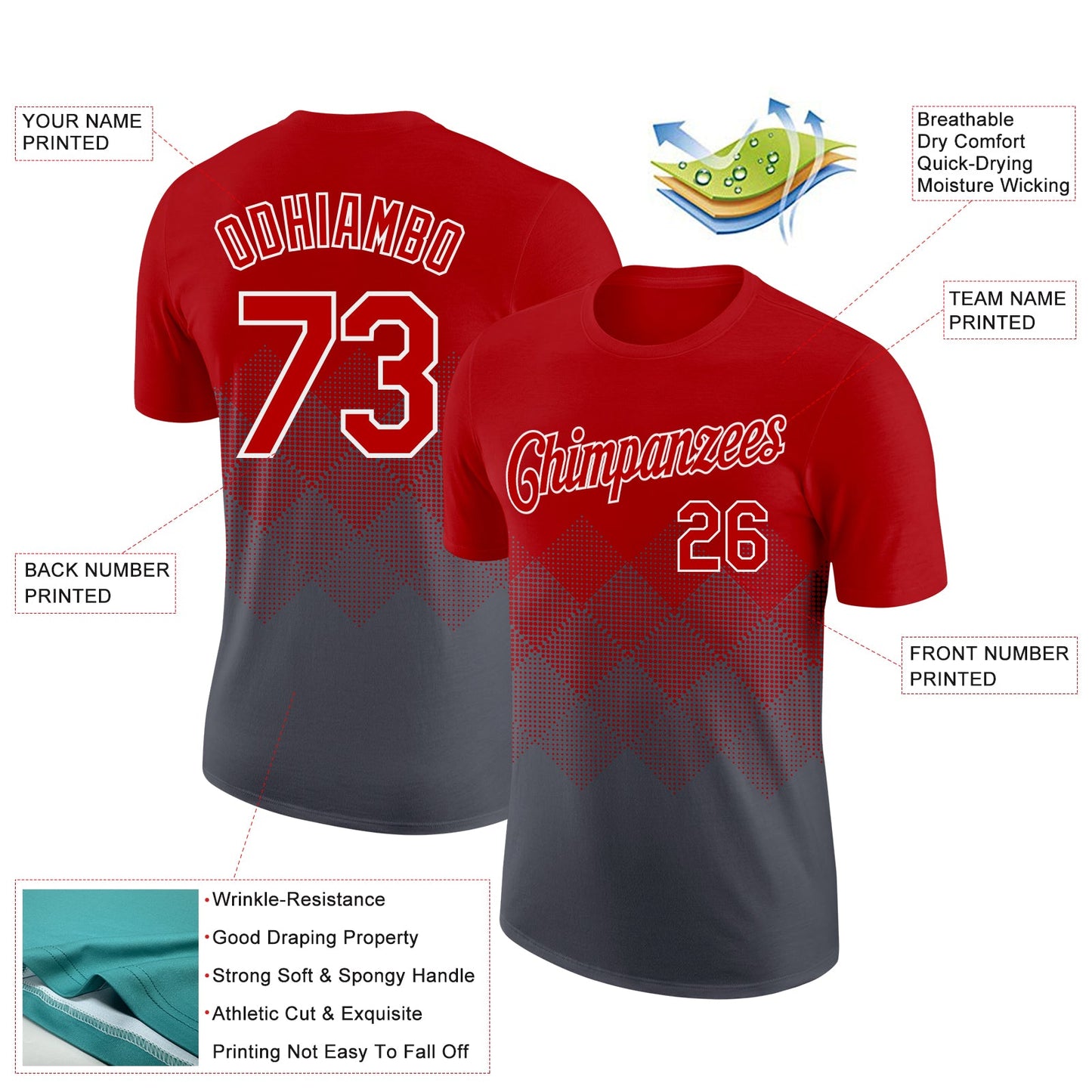 Custom Red Steel Gray-White 3D Pattern Design Gradient Square Shapes Performance T-Shirt view 2