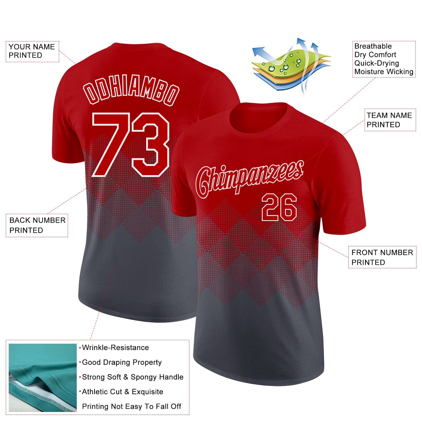 Custom Red Steel Gray-White 3D Pattern Design Gradient Square Shapes Performance T-Shirt view 2