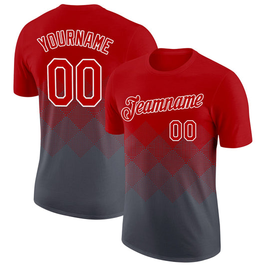 Custom Red Steel Gray-White 3D Pattern Design Gradient Square Shapes Performance T-Shirt - Main View