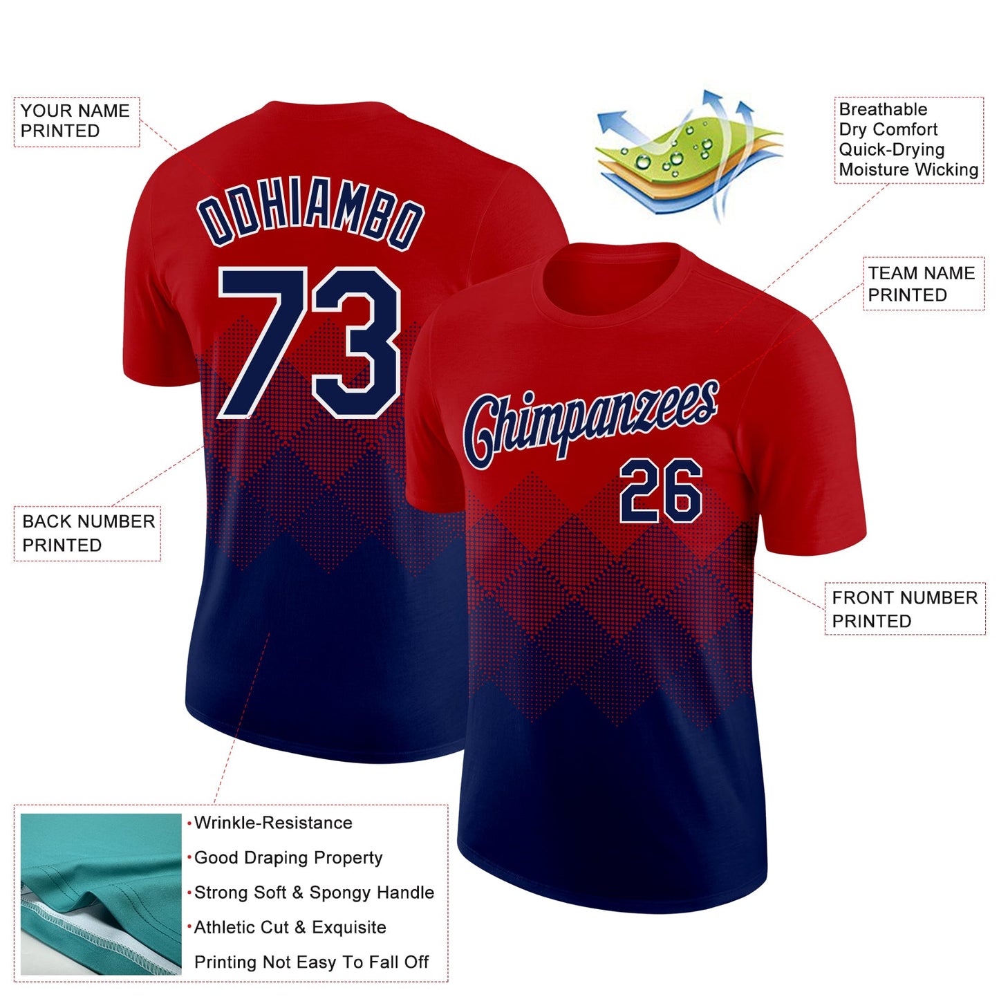 Custom Red Navy-White 3D Pattern Design Gradient Square Shapes Performance T-Shirt view 2