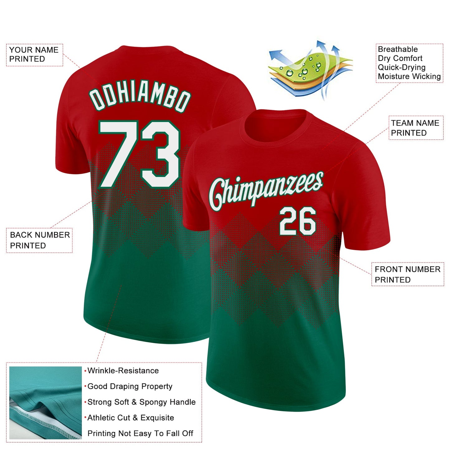 Custom Red White-Kelly Green 3D Pattern Design Gradient Square Shapes Performance T-Shirt view 2