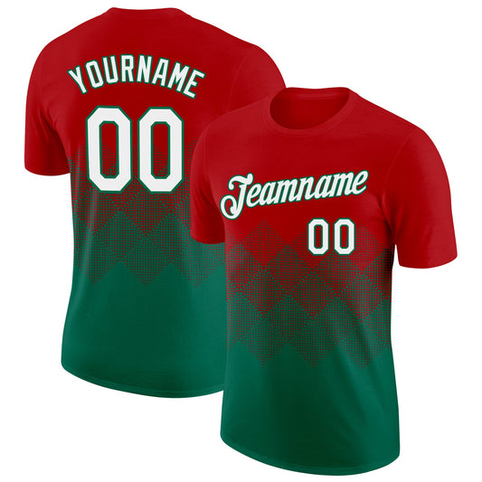 Custom Red White-Kelly Green 3D Pattern Design Gradient Square Shapes Performance T-Shirt - Main View