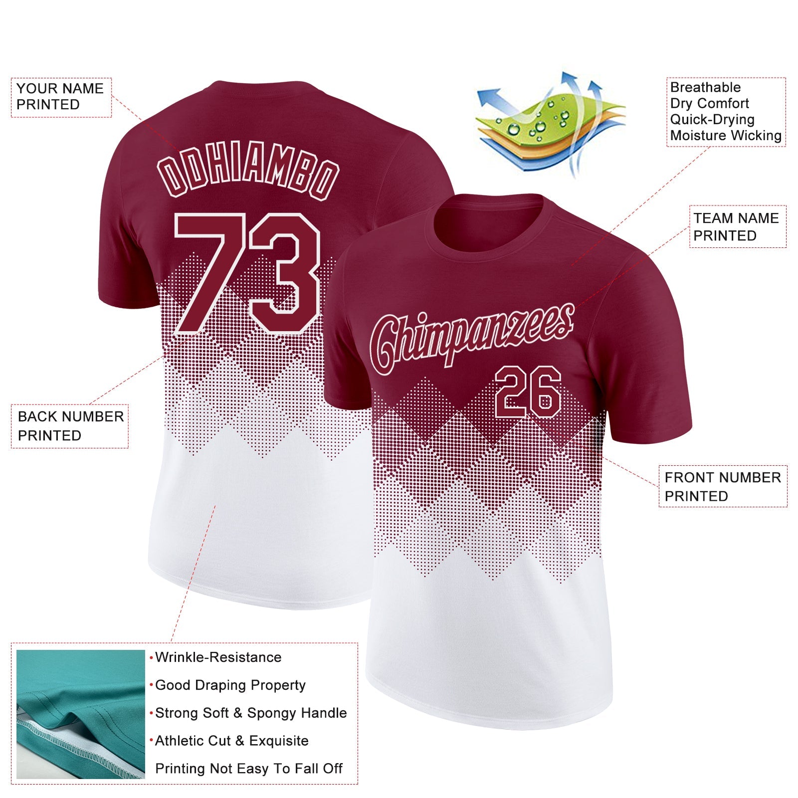 Custom Crimson White 3D Pattern Design Gradient Square Shapes Performance T-Shirt view 2