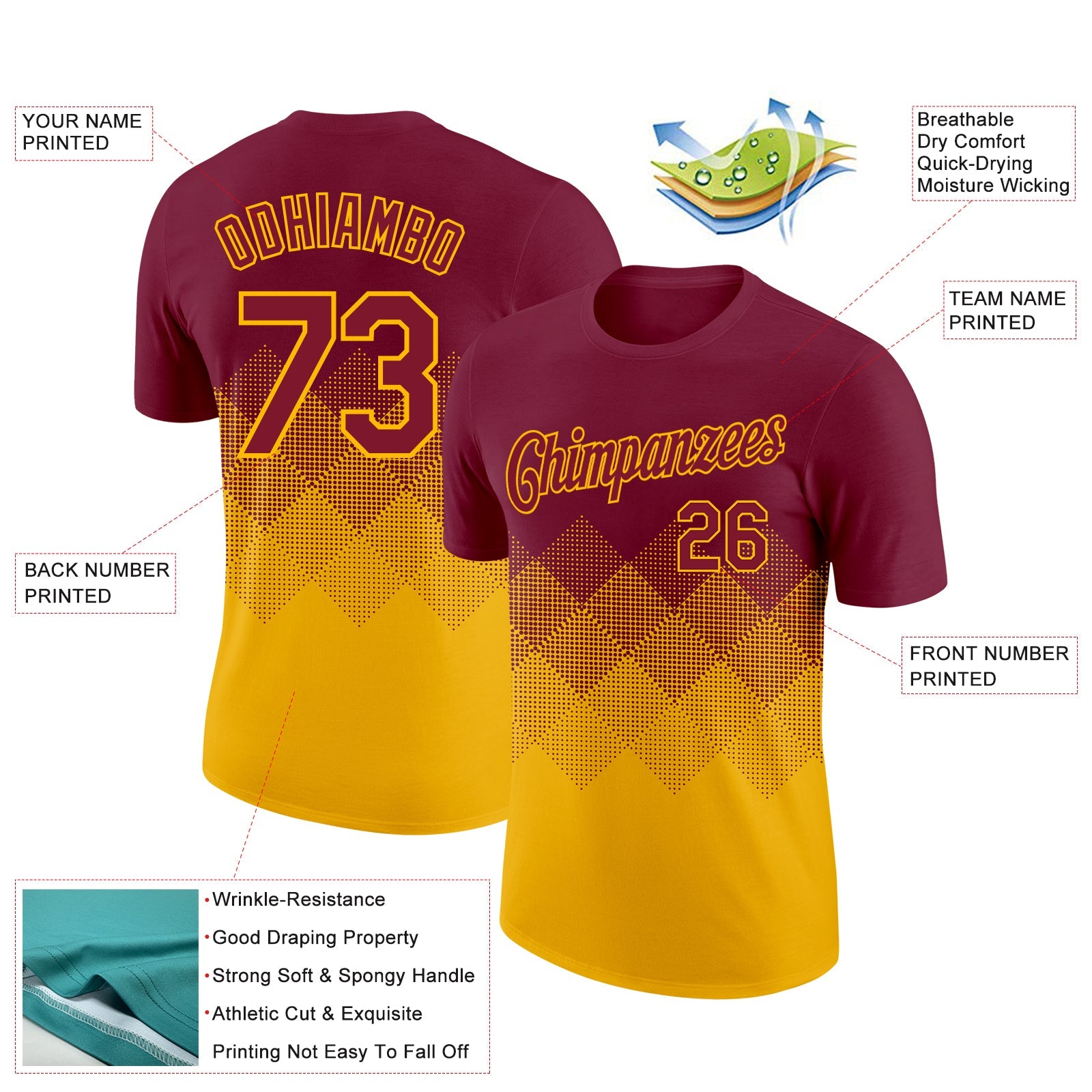 Custom Crimson Gold 3D Pattern Design Gradient Square Shapes Performance T-Shirt view 2