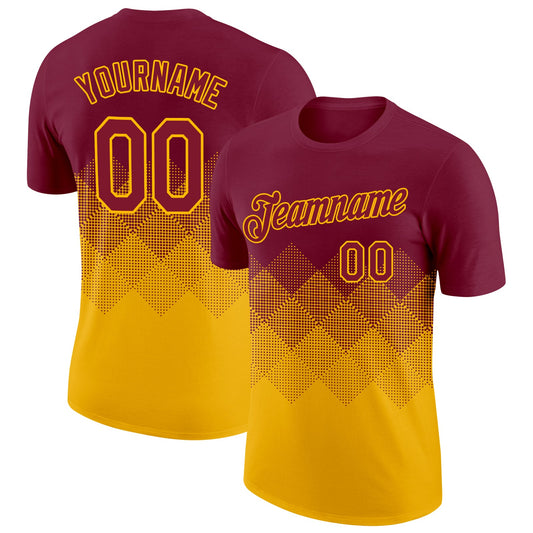 Custom Crimson Gold 3D Pattern Design Gradient Square Shapes Performance T-Shirt - Main View