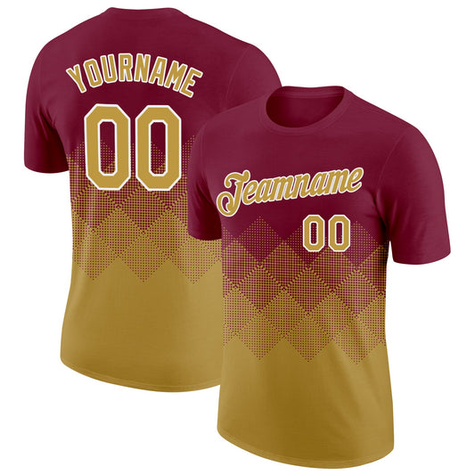 Custom Crimson Old Gold-White 3D Pattern Design Gradient Square Shapes Performance T-Shirt - Main View