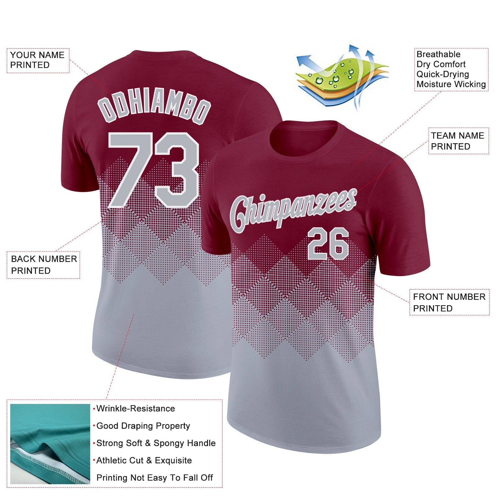 Custom Crimson Gray-White 3D Pattern Design Gradient Square Shapes Performance T-Shirt view 2