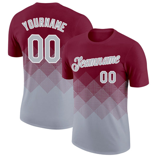 Custom Crimson Gray-White 3D Pattern Design Gradient Square Shapes Performance T-Shirt - Main View