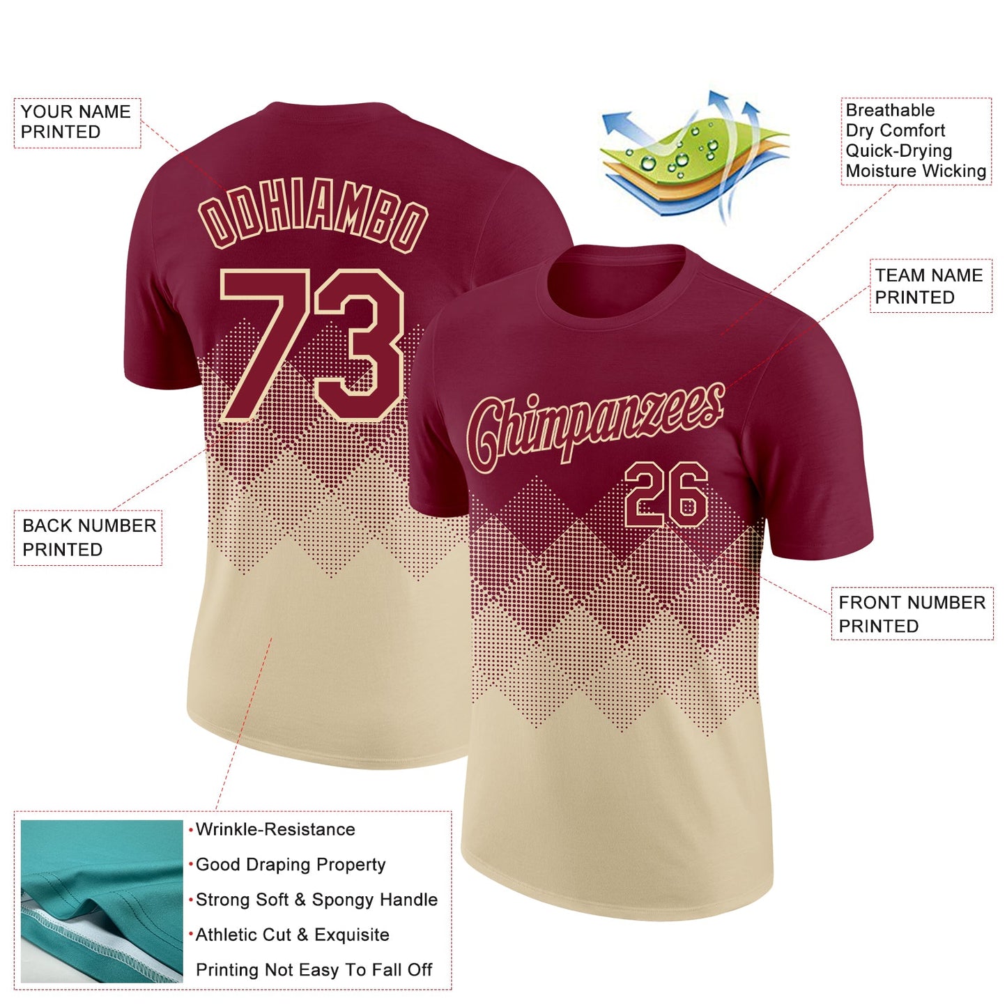 Custom Crimson Cream 3D Pattern Design Gradient Square Shapes Performance T-Shirt view 2