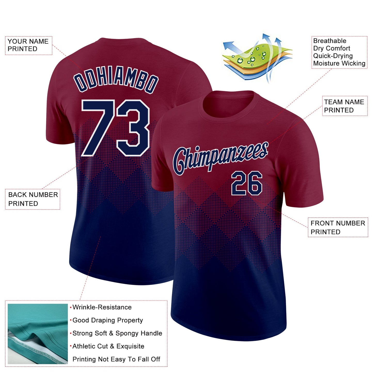 Custom Crimson Navy-White 3D Pattern Design Gradient Square Shapes Performance T-Shirt view 2