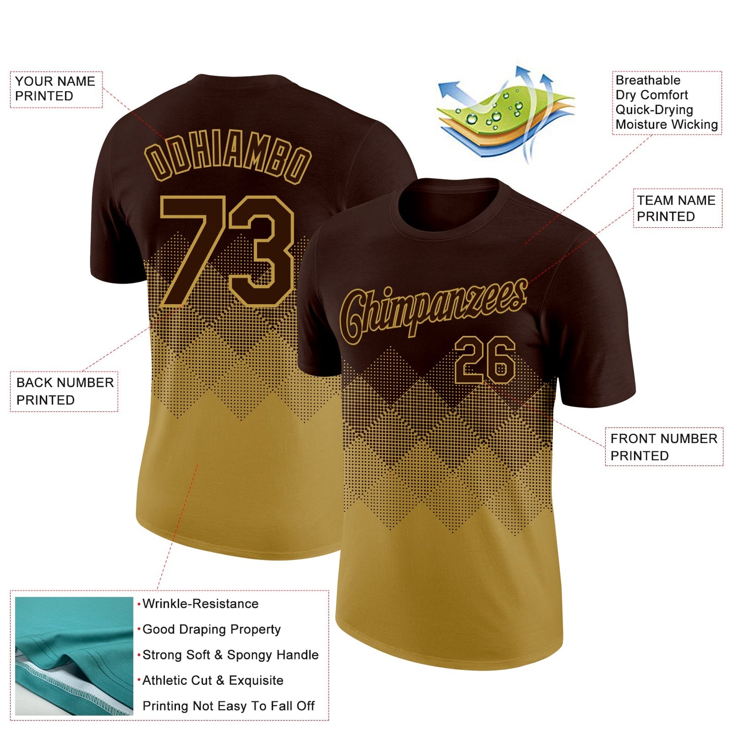 Custom Brown Old Gold 3D Pattern Design Gradient Square Shapes Performance T-Shirt view 2