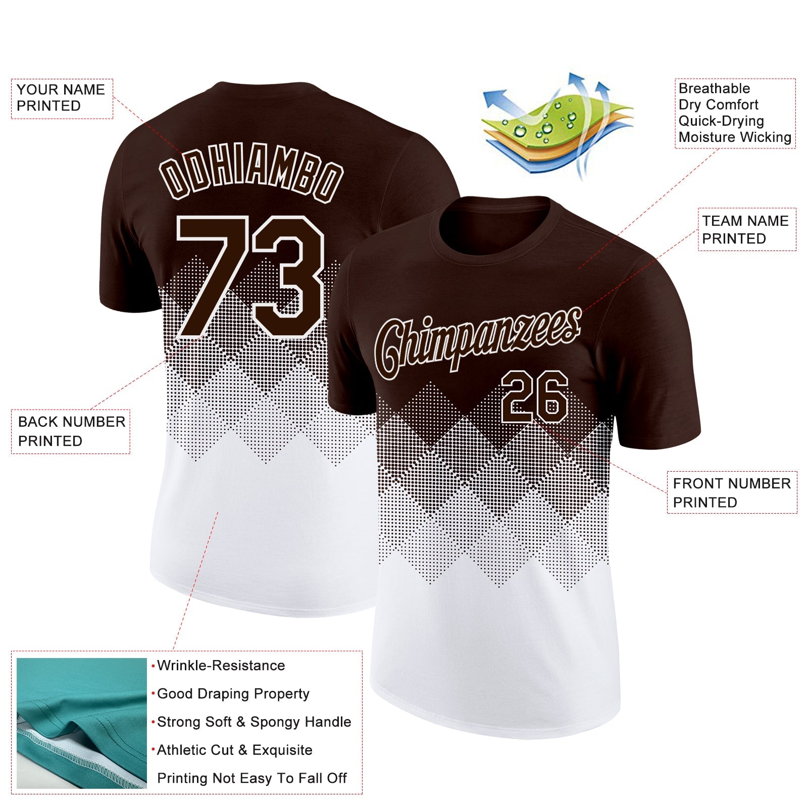 Custom Brown White 3D Pattern Design Gradient Square Shapes Performance T-Shirt view 2