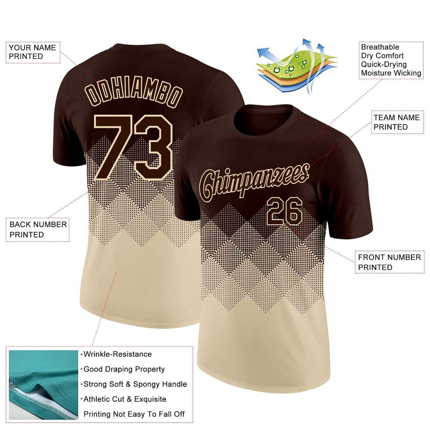 Custom Brown Cream 3D Pattern Design Gradient Square Shapes Performance T-Shirt view 2