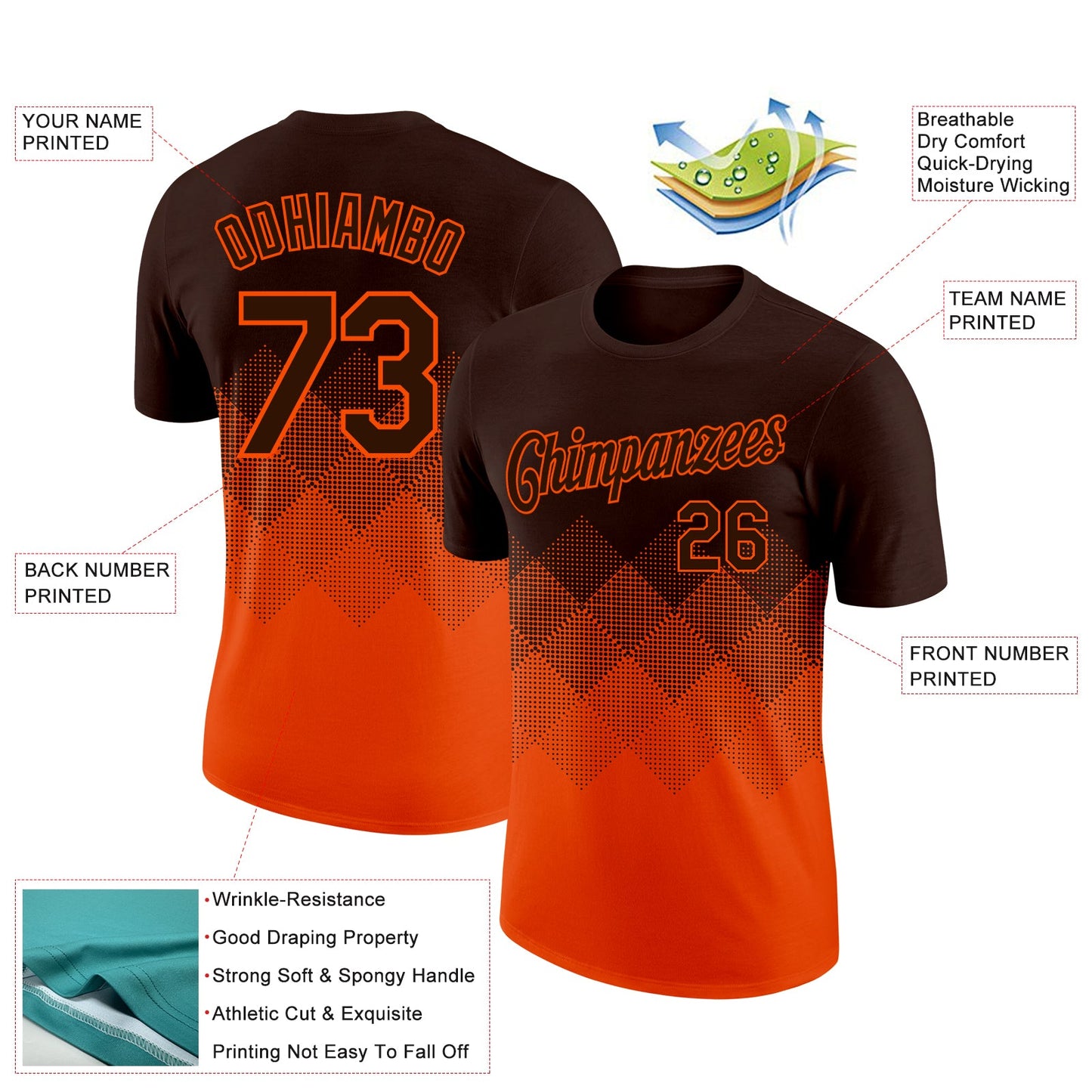 Custom Brown Orange 3D Pattern Design Gradient Square Shapes Performance T-Shirt view 2