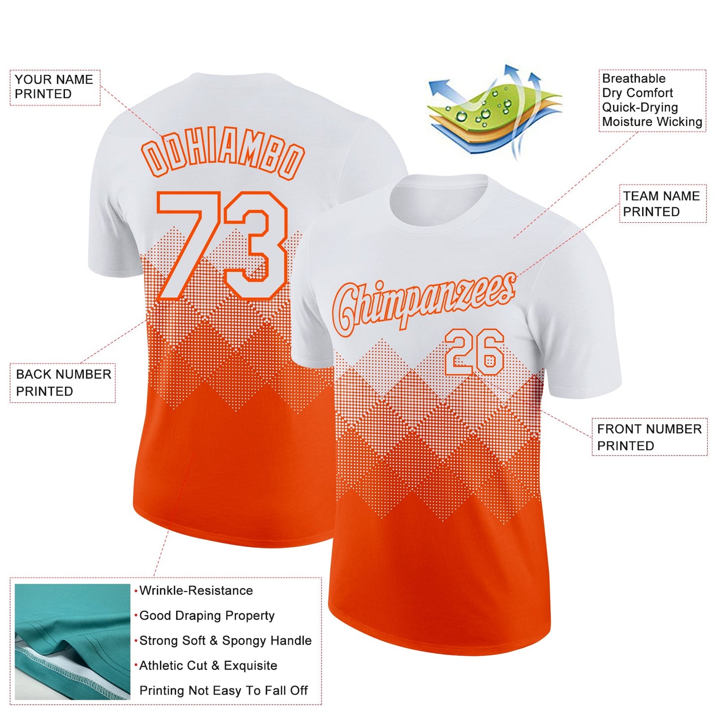 Custom White Orange 3D Pattern Design Gradient Square Shapes Performance T-Shirt view 2