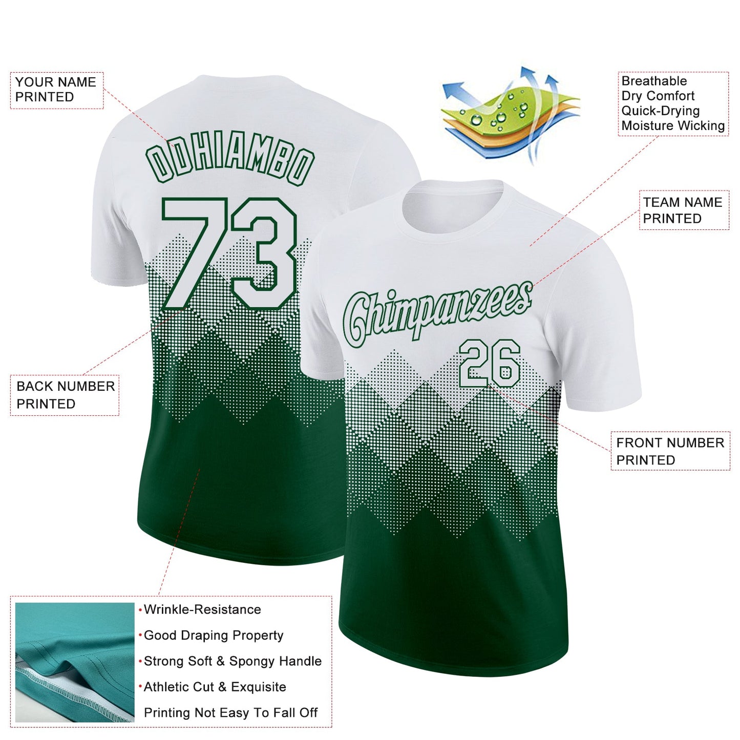 Custom White Green 3D Pattern Design Gradient Square Shapes Performance T-Shirt view 2