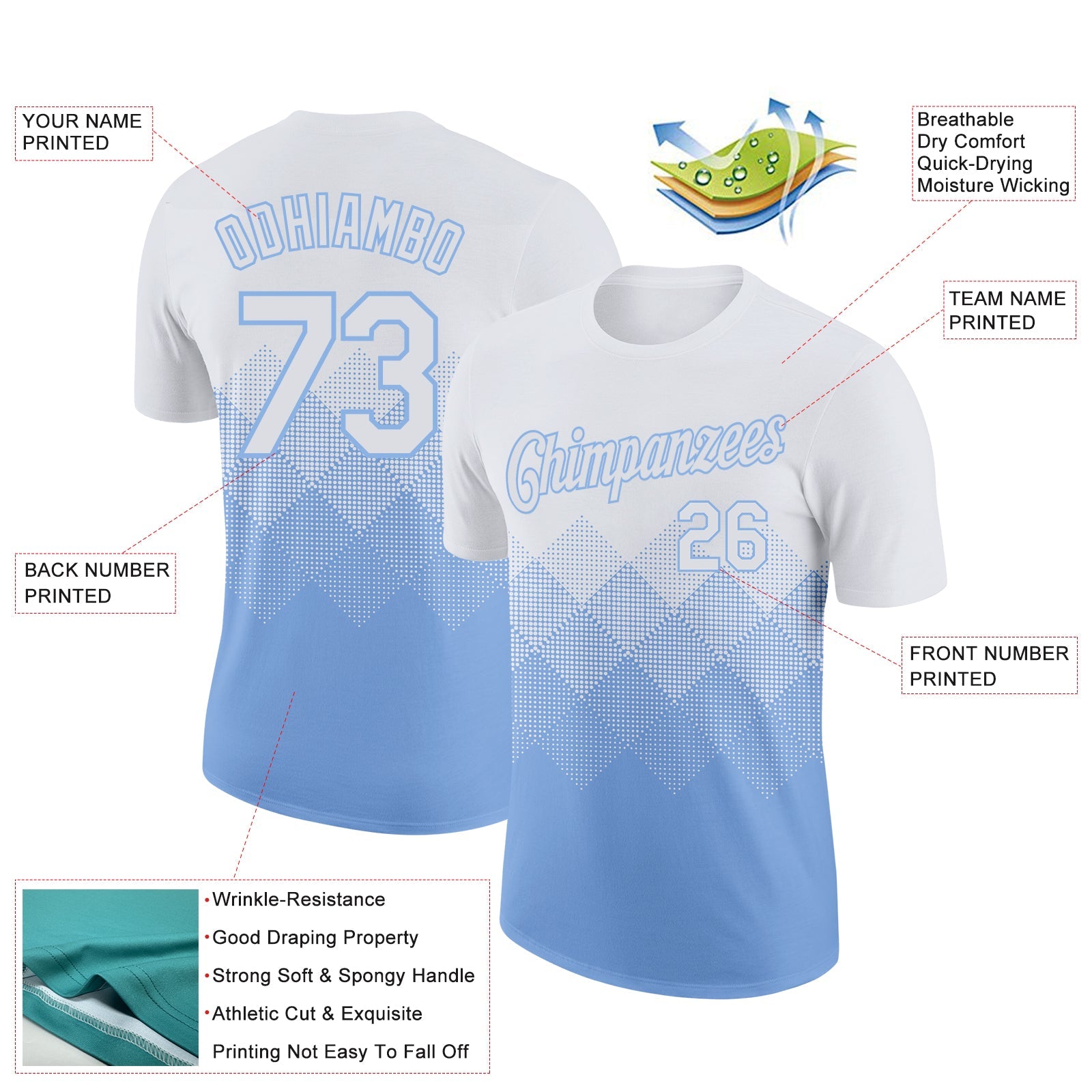 Custom White Light Blue 3D Pattern Design Gradient Square Shapes Performance T-Shirt view 2