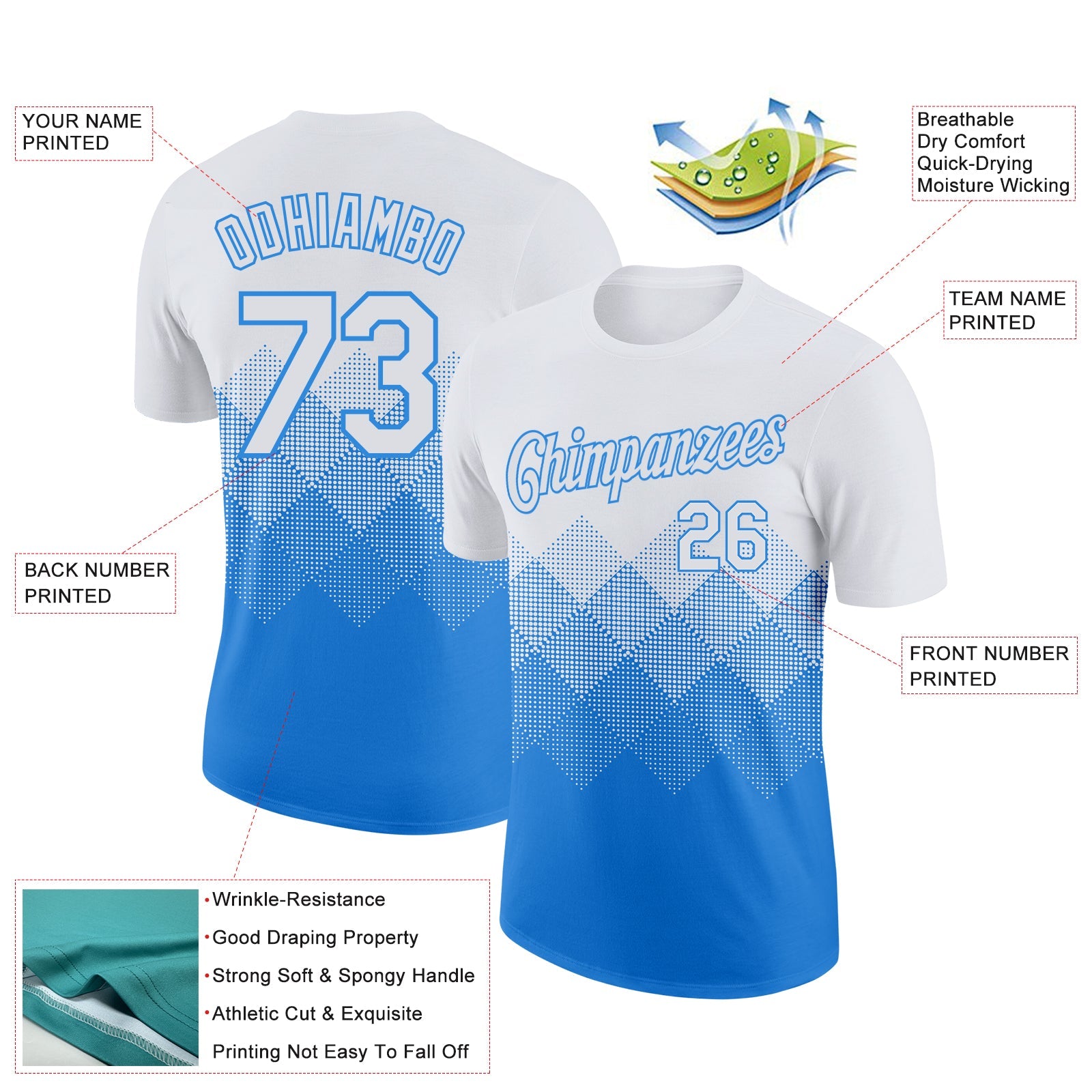 Custom White Powder Blue 3D Pattern Design Gradient Square Shapes Performance T-Shirt view 2