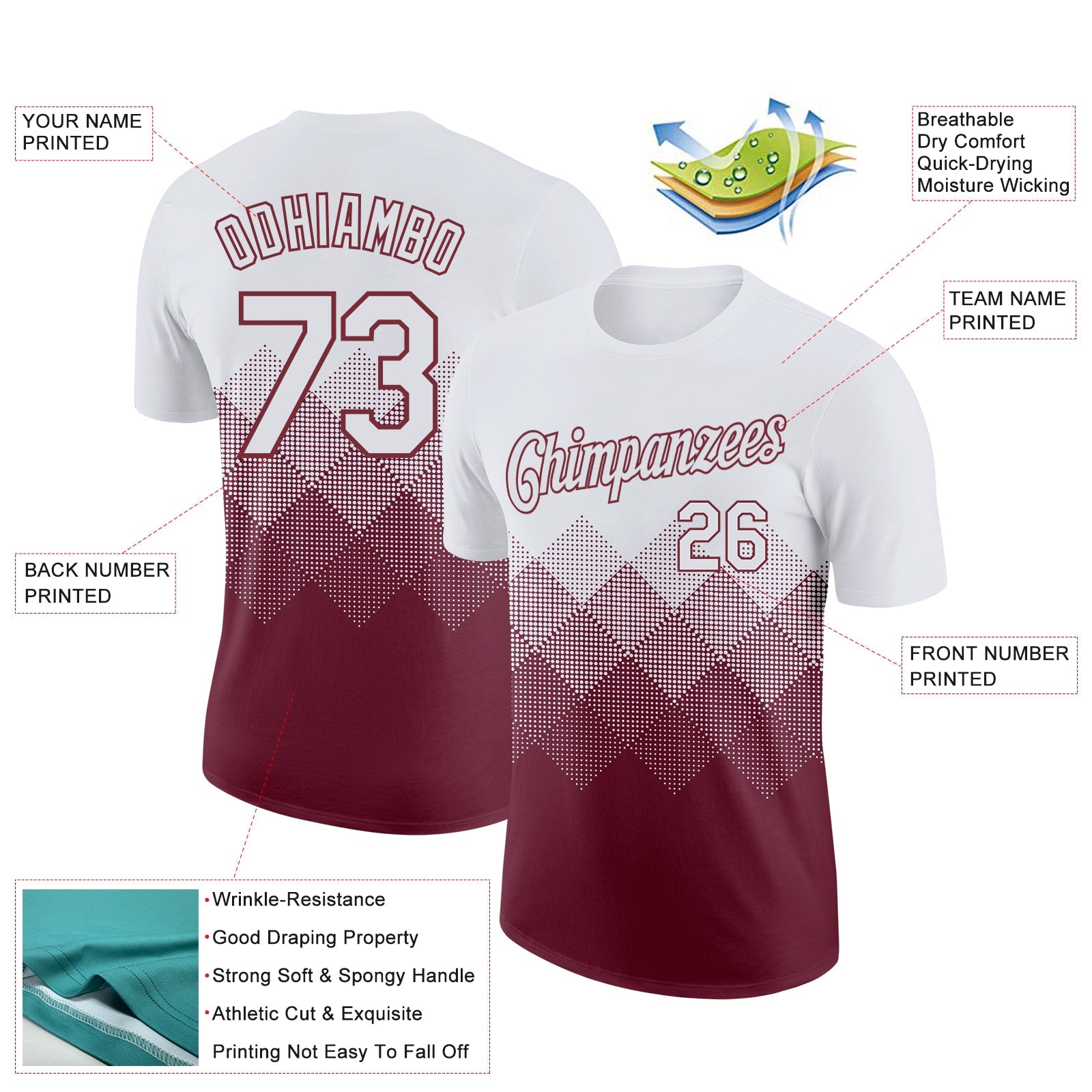 Custom White Burgundy 3D Pattern Design Gradient Square Shapes Performance T-Shirt view 2