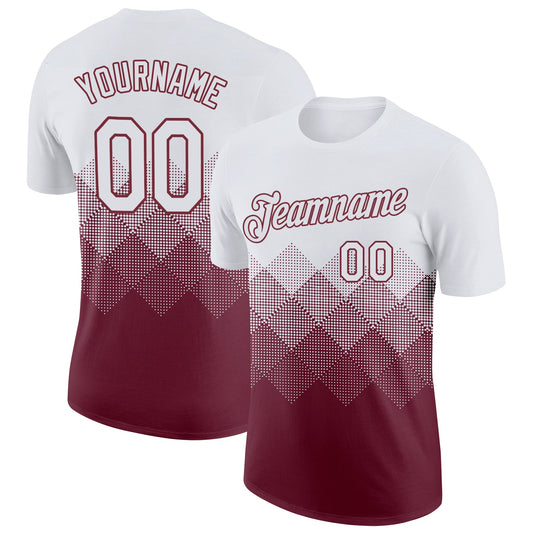 Custom White Burgundy 3D Pattern Design Gradient Square Shapes Performance T-Shirt - Main View