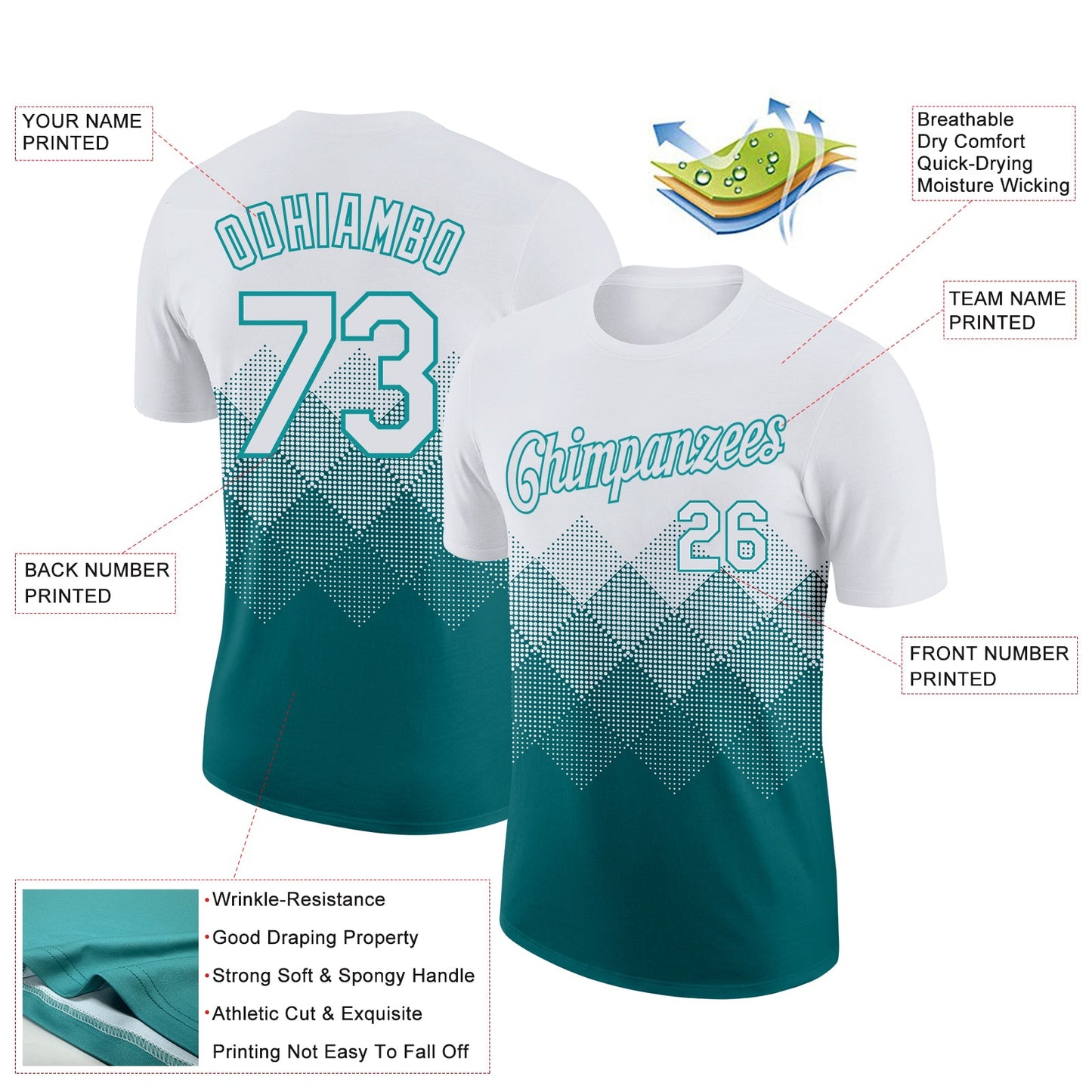 Custom White Teal 3D Pattern Design Gradient Square Shapes Performance T-Shirt view 2