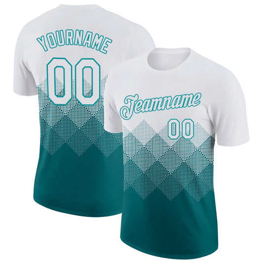 Custom White Teal 3D Pattern Design Gradient Square Shapes Performance T-Shirt - Main View