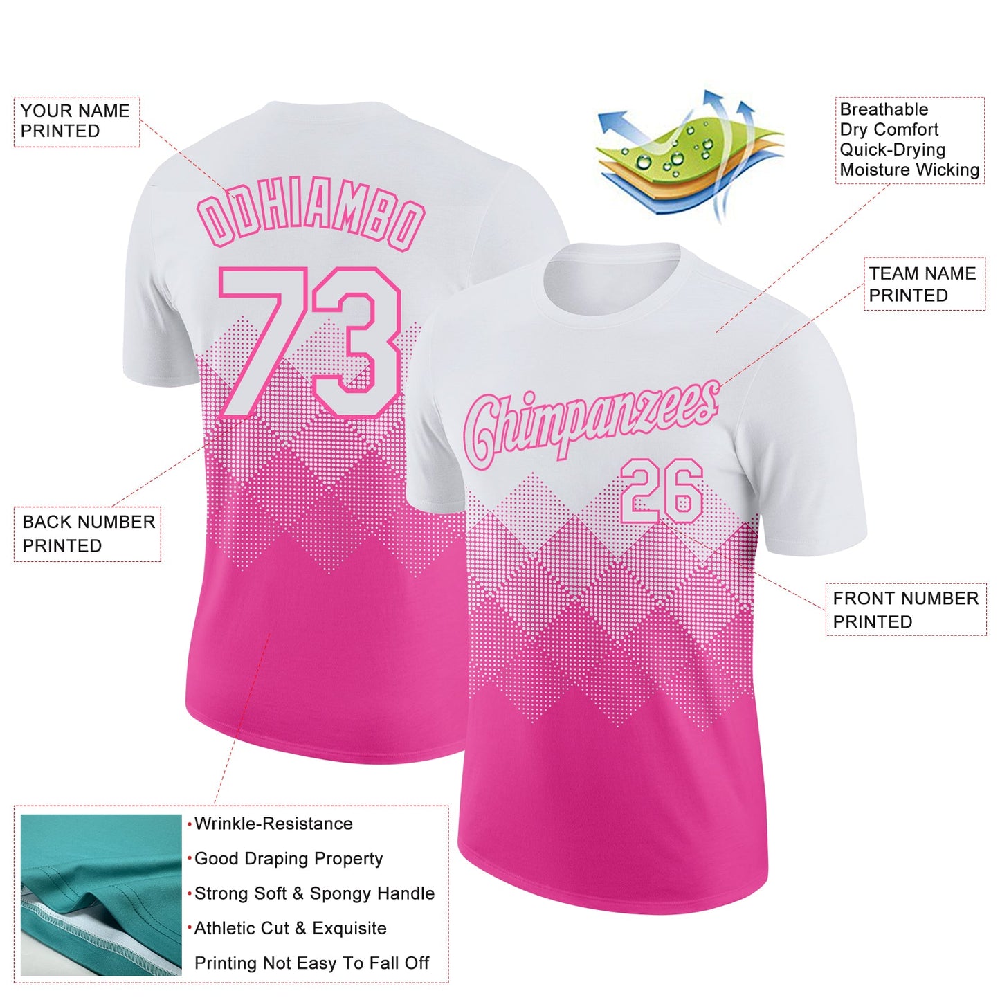 Custom White Pink 3D Pattern Design Gradient Square Shapes Performance T-Shirt view 2