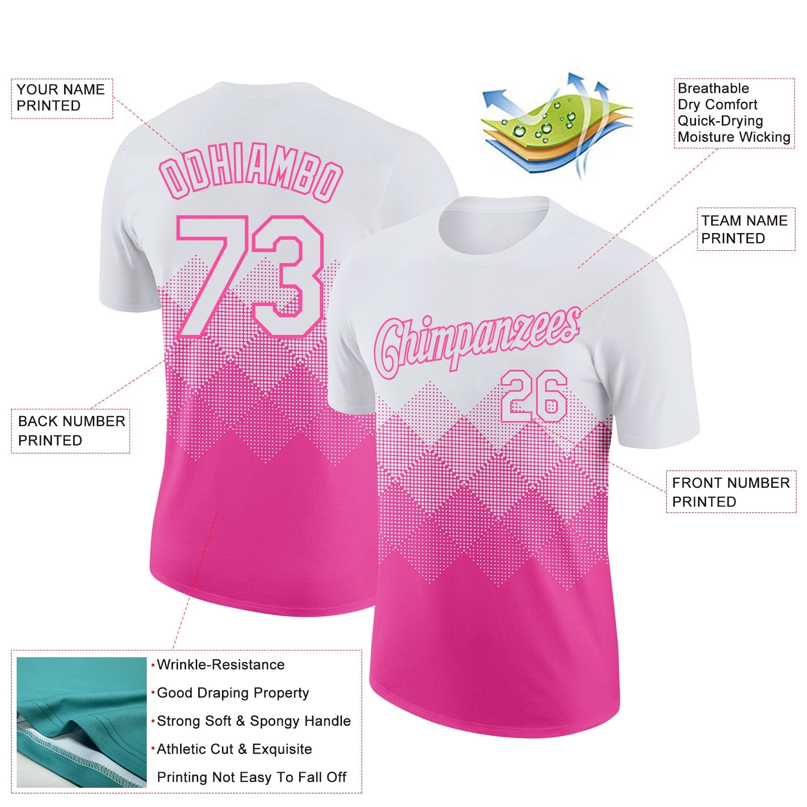 Custom White Pink 3D Pattern Design Gradient Square Shapes Performance T-Shirt view 2
