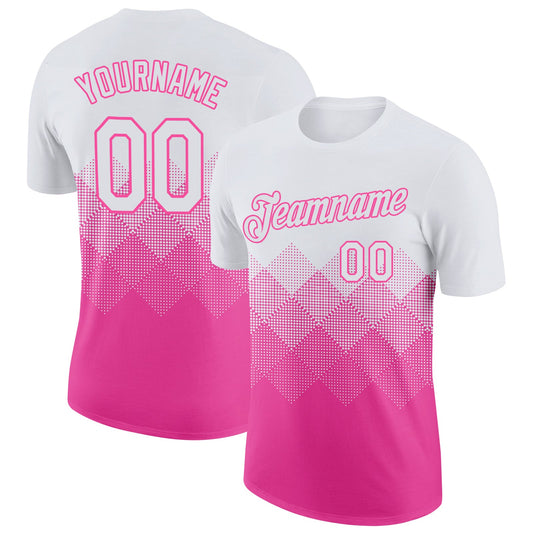 Custom White Pink 3D Pattern Design Gradient Square Shapes Performance T-Shirt - Main View