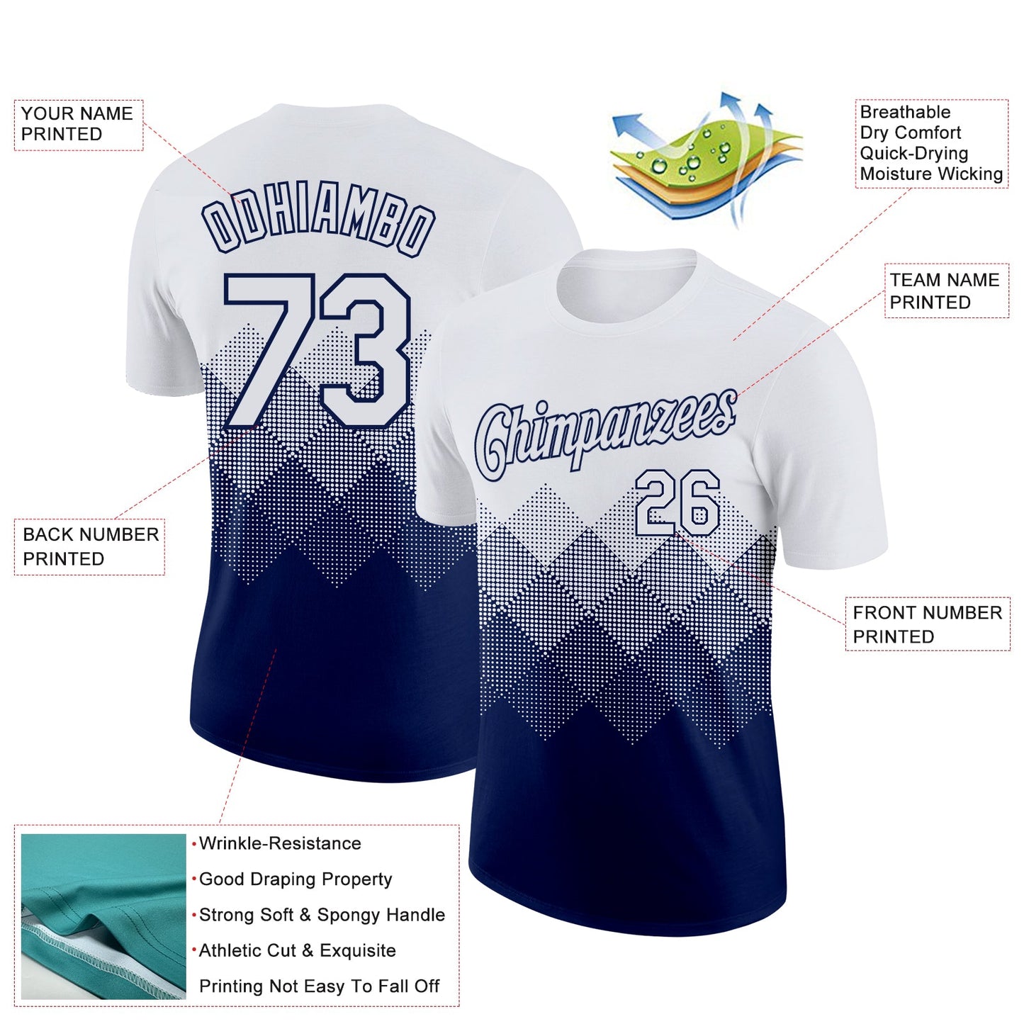 Custom White Navy 3D Pattern Design Gradient Square Shapes Performance T-Shirt view 2