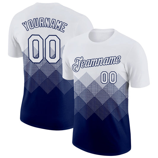 Custom White Navy 3D Pattern Design Gradient Square Shapes Performance T-Shirt - Main View