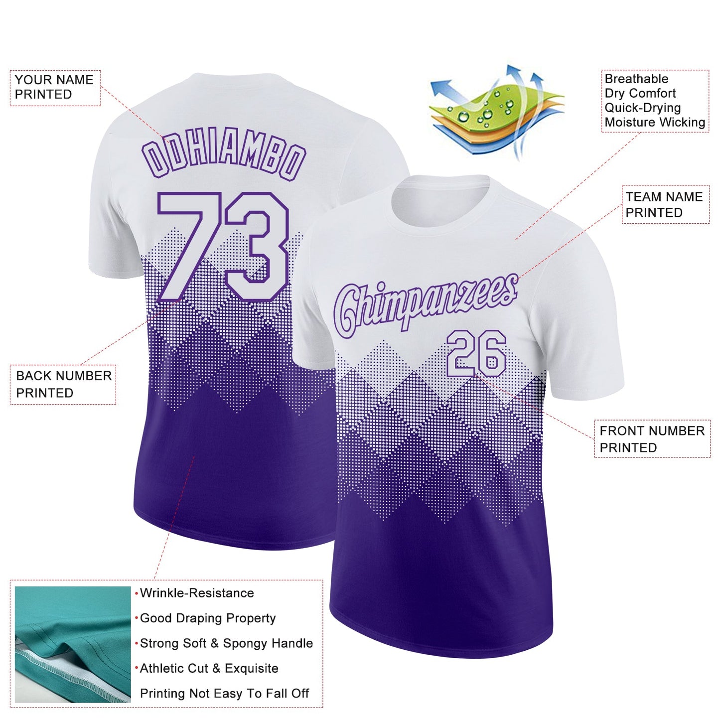 Custom White Purple 3D Pattern Design Gradient Square Shapes Performance T-Shirt view 2
