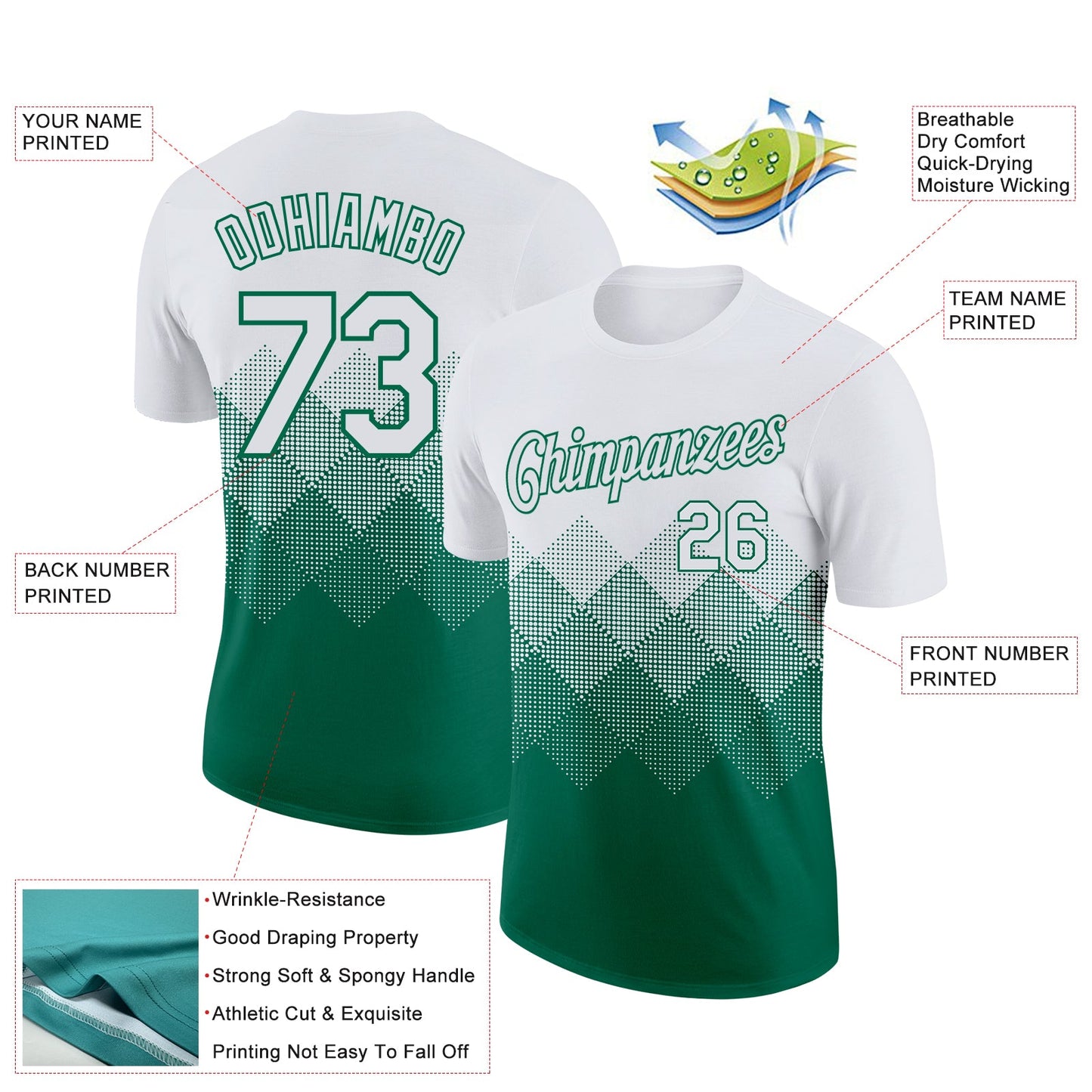 Custom White Kelly Green 3D Pattern Design Gradient Square Shapes Performance T-Shirt view 2