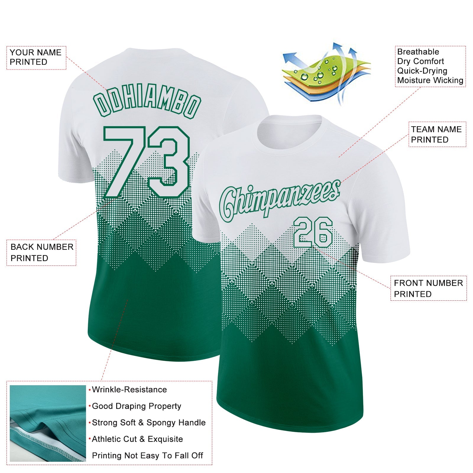 Custom White Kelly Green 3D Pattern Design Gradient Square Shapes Performance T-Shirt view 2