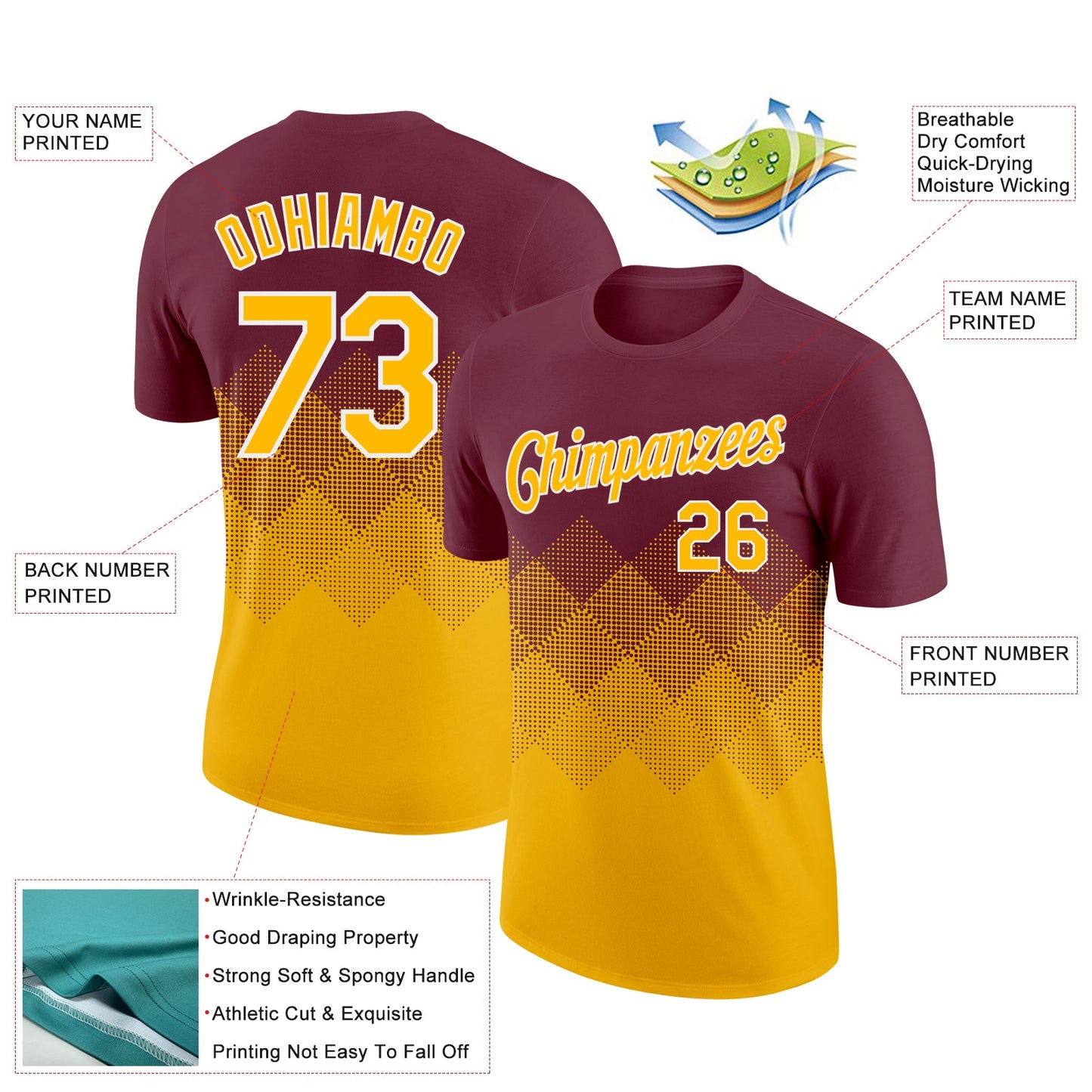 Custom Burgundy Gold-White 3D Pattern Design Gradient Square Shapes Performance T-Shirt view 2
