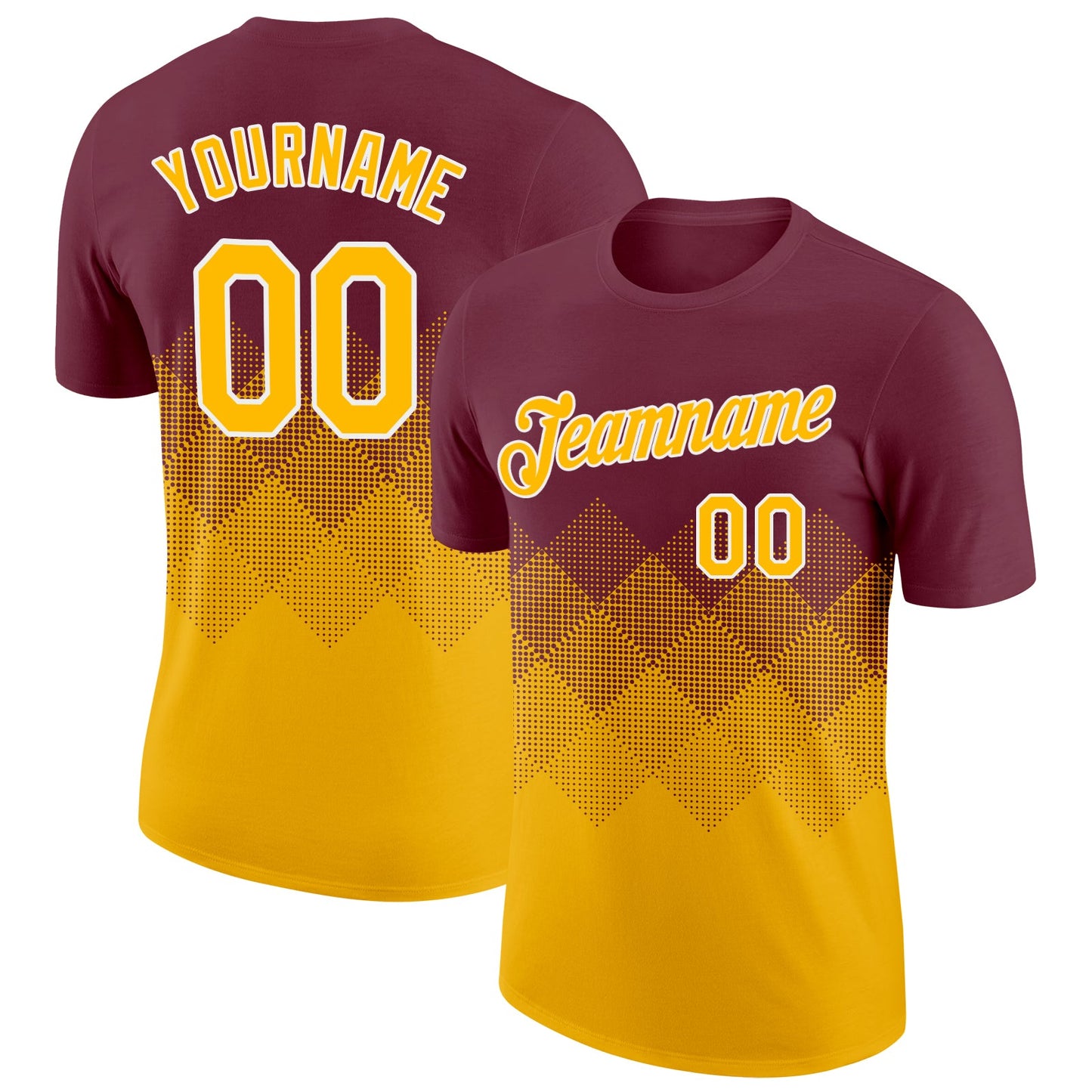 Custom Burgundy Gold-White 3D Pattern Design Gradient Square Shapes Performance T-Shirt - Main View